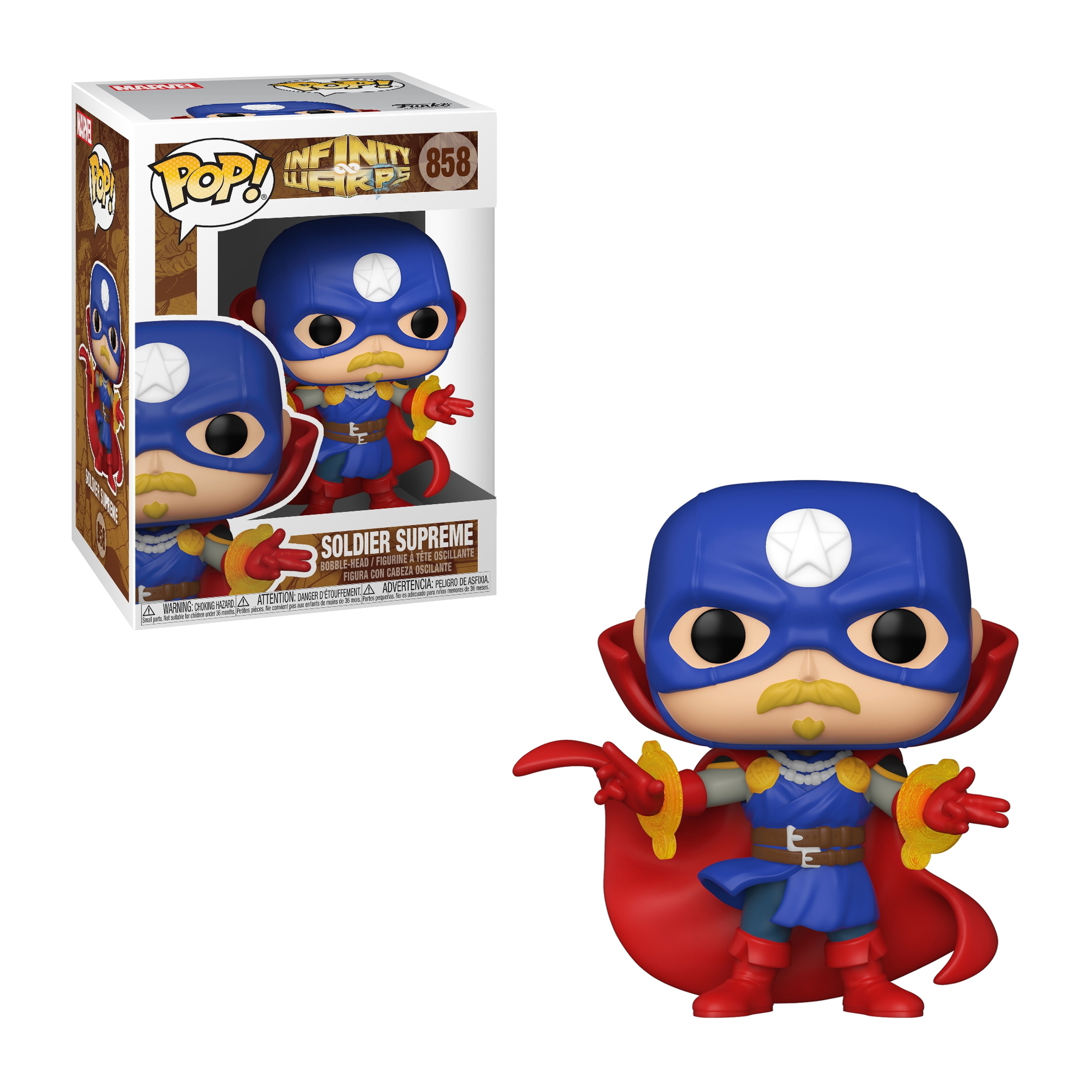 Figura Funko Pop de Soldado Supremo, con traje azul y capa roja.