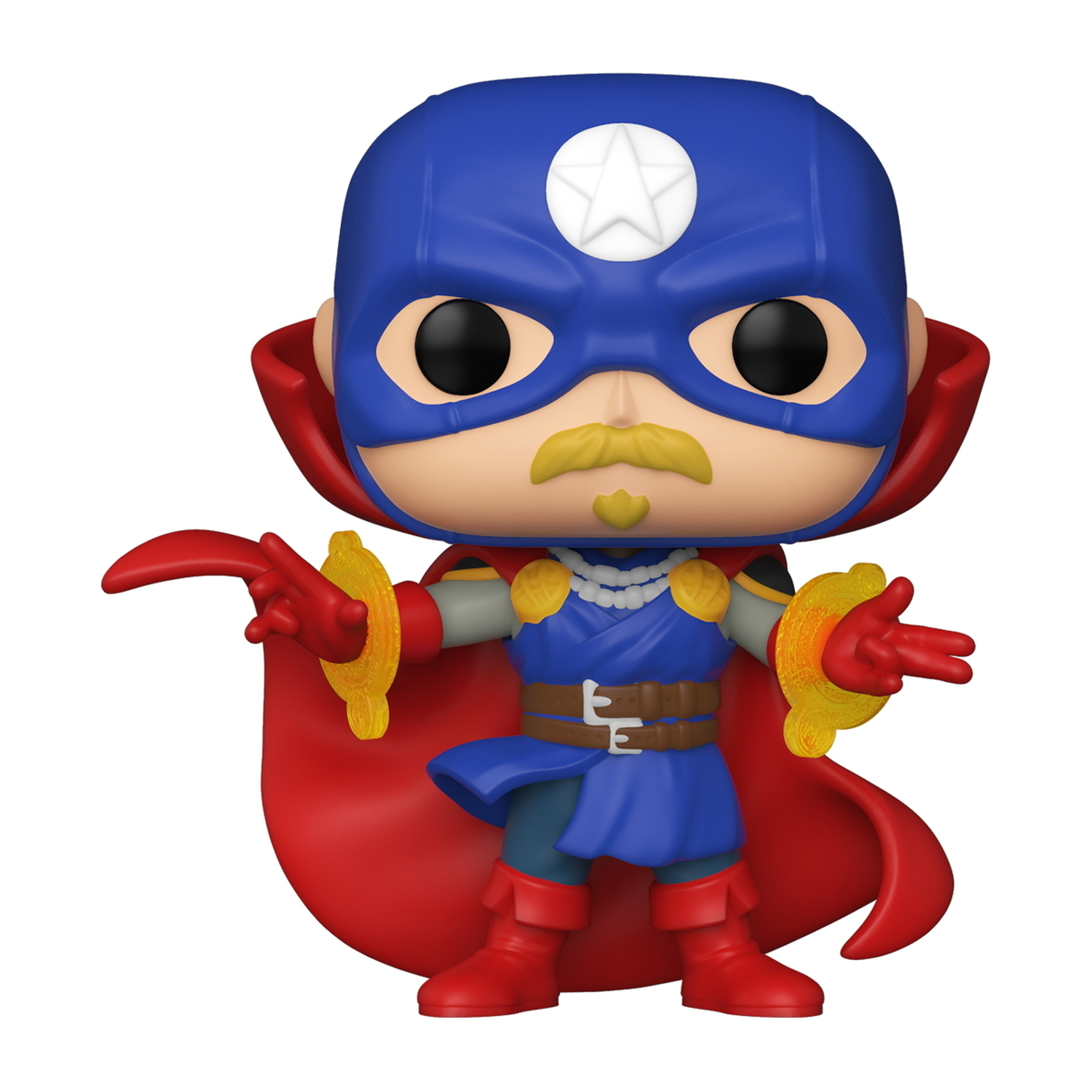 Funko Pop de un superhéroe, máscara azul, capa roja, detalles dorados, fondo blanco.