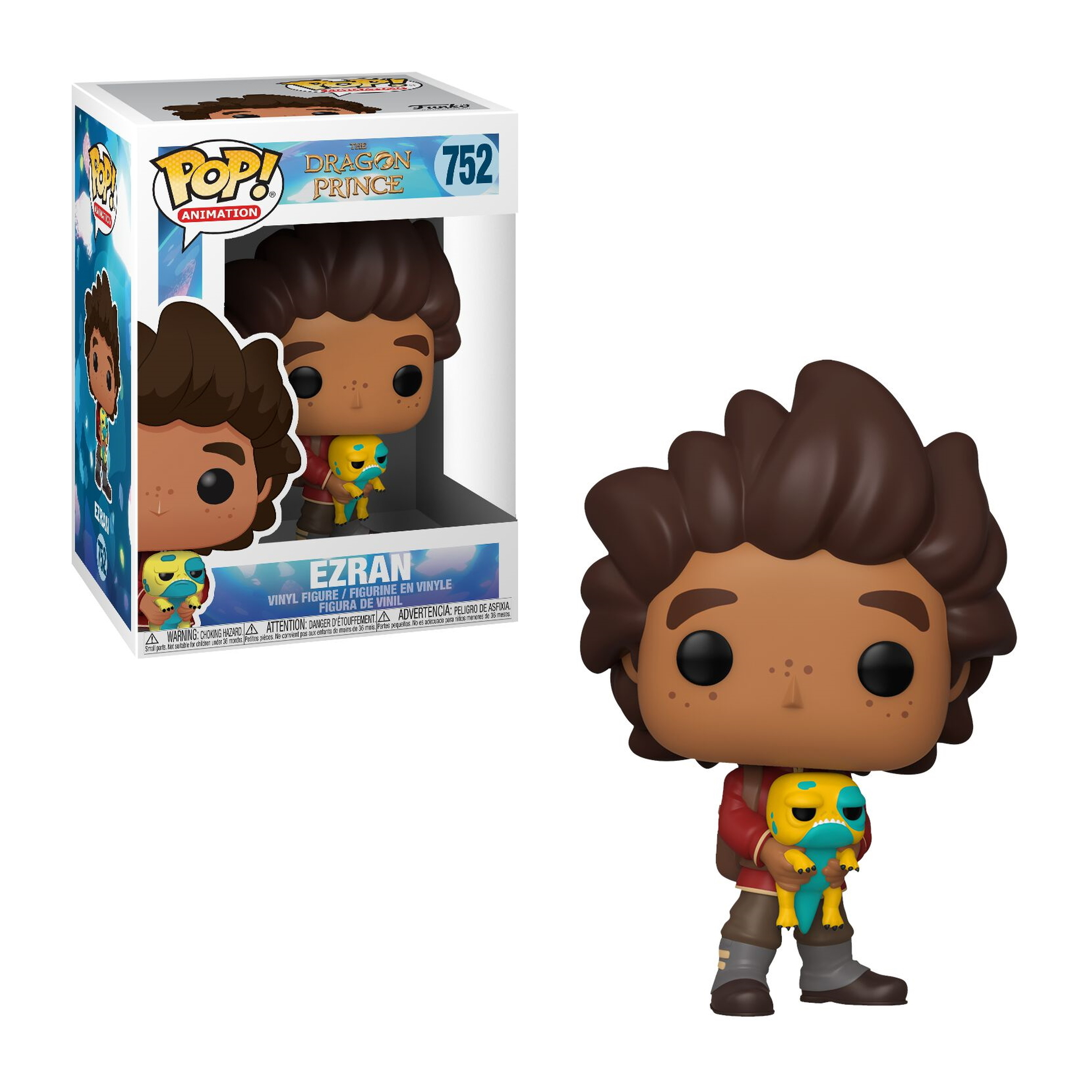 Ezran von Dragon Prince Funko Pop Figur mit Box, hält gelbe Kreatur.