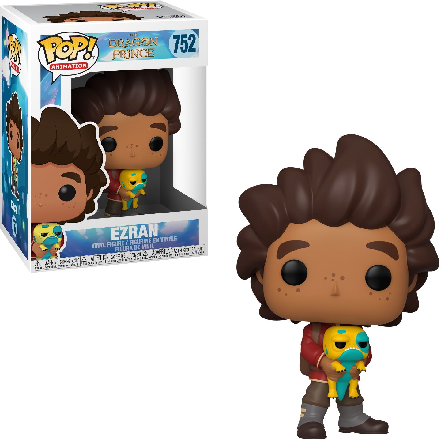 Funko Pop von Ezran aus The Dragon Prince, der eine gelb-blaue Kreatur hält, mit Box.