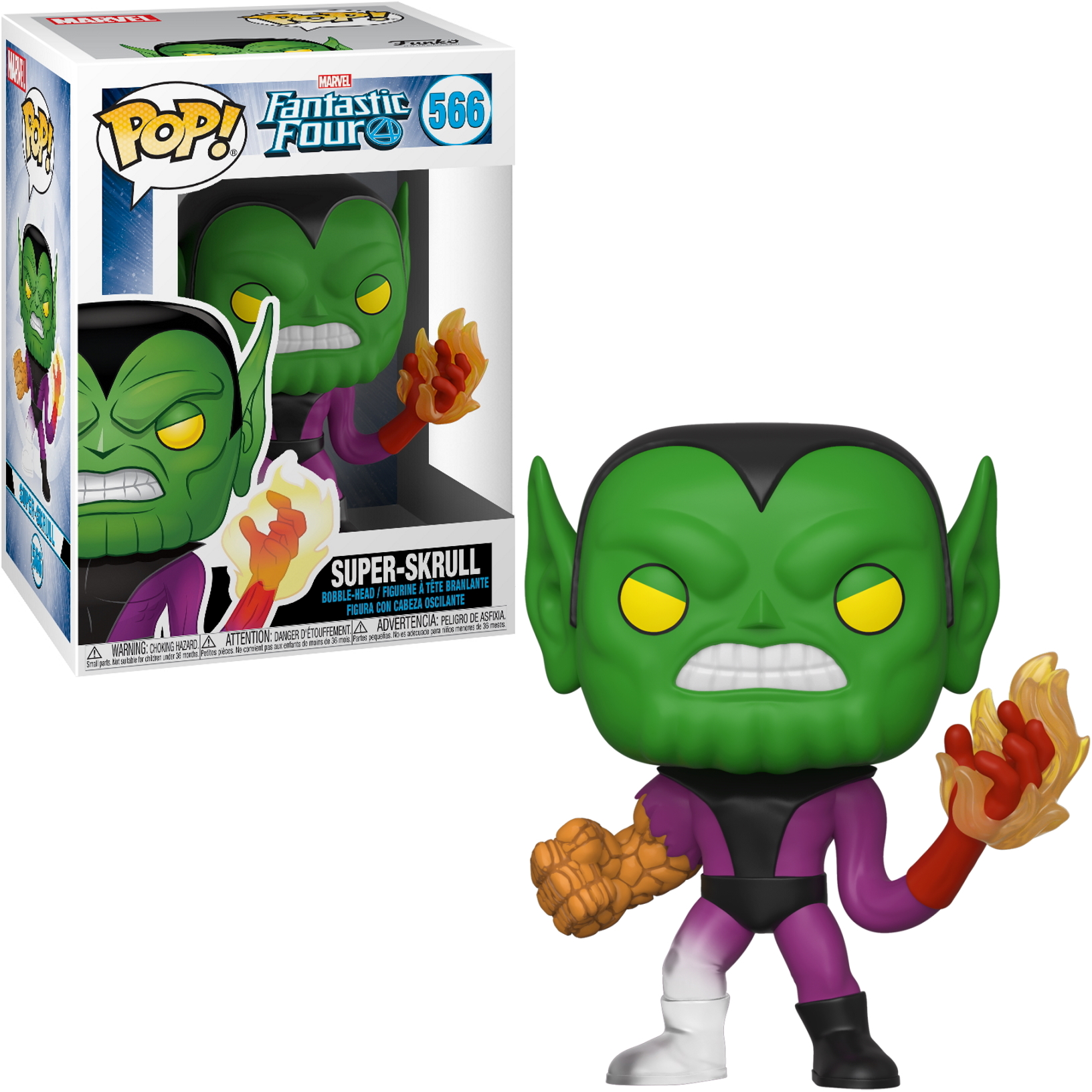 Figura Super-Skrull Funko Pop in scatola. Figura verde con fiamme. La scatola ha l'immagine del personaggio.