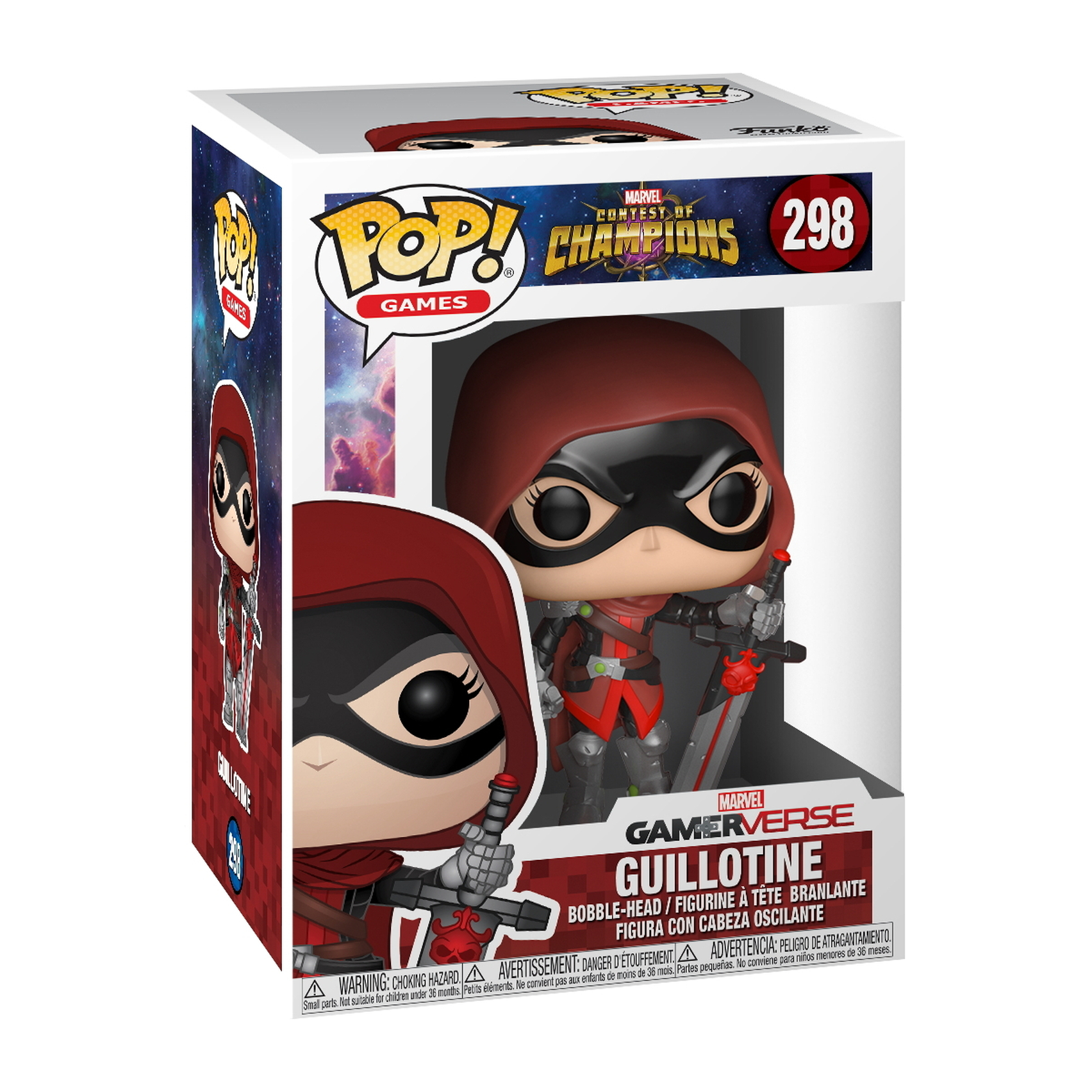 Guillotine Figur in einer Box. Sie trägt ein rotes Outfit und eine schwarze Maske.