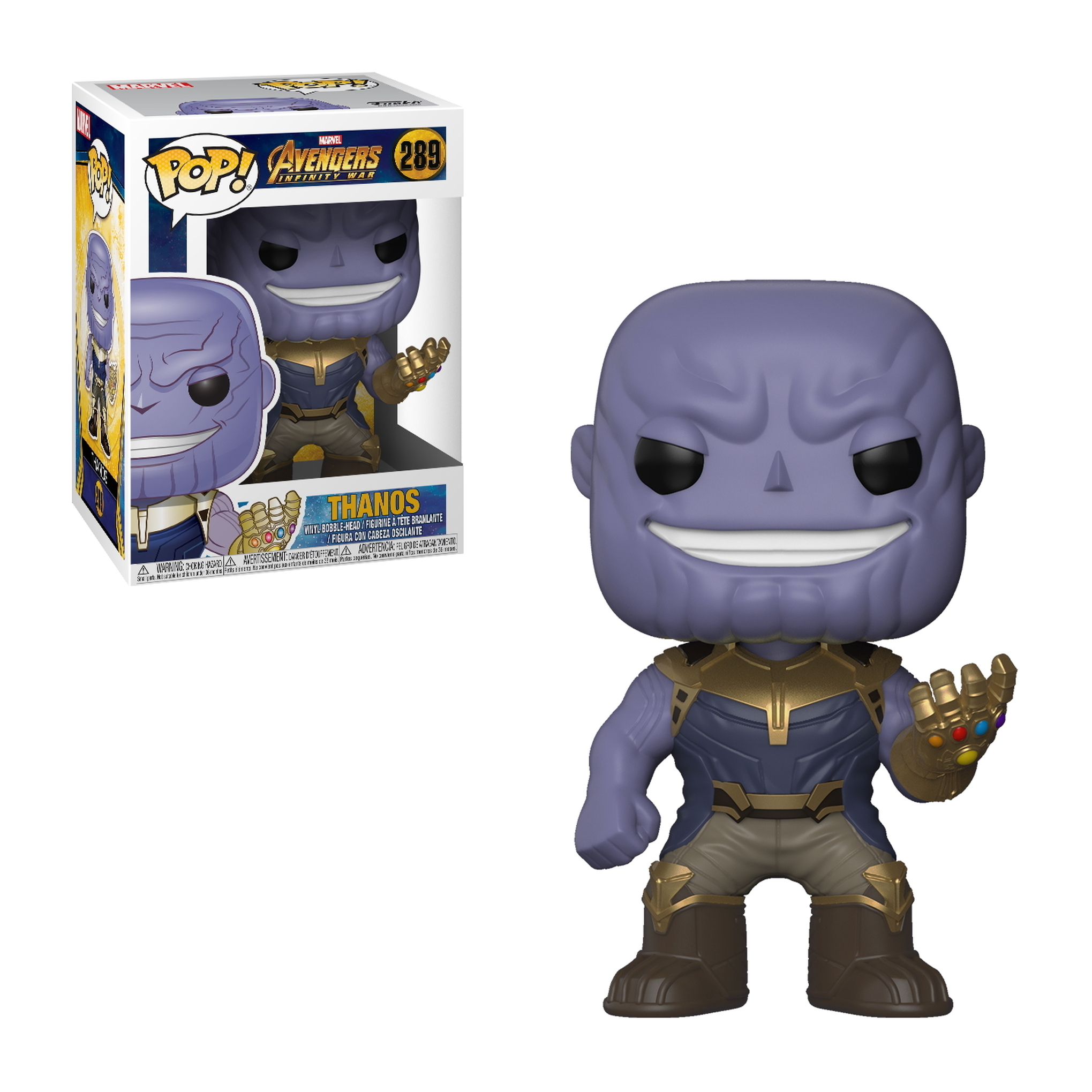 Thanos-Figur mit goldenem Handschuh und Rüstung, und Schachtel.