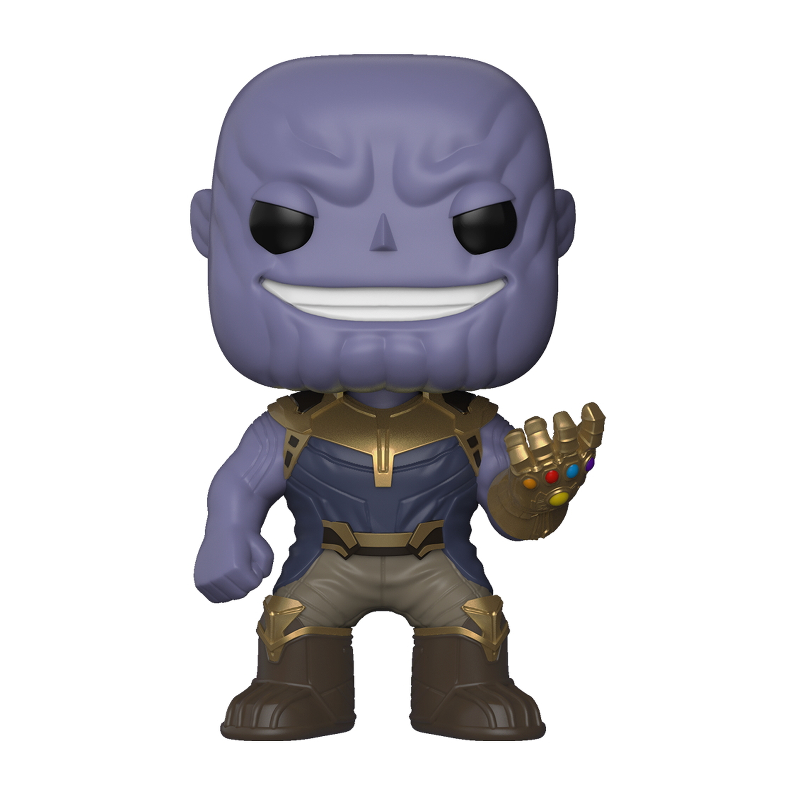 Lila Thanos-Figur mit goldener Rüstung und Infinity Gauntlet mit farbigen Edelsteinen.