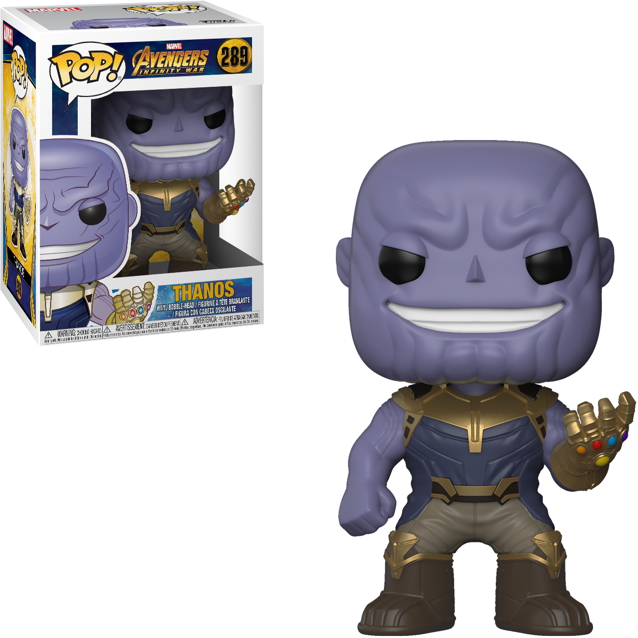 Thanos Funko Pop-Figur aus Avengers, in Rüstung, mit dem Infinity-Handschuh und violetter Haut.