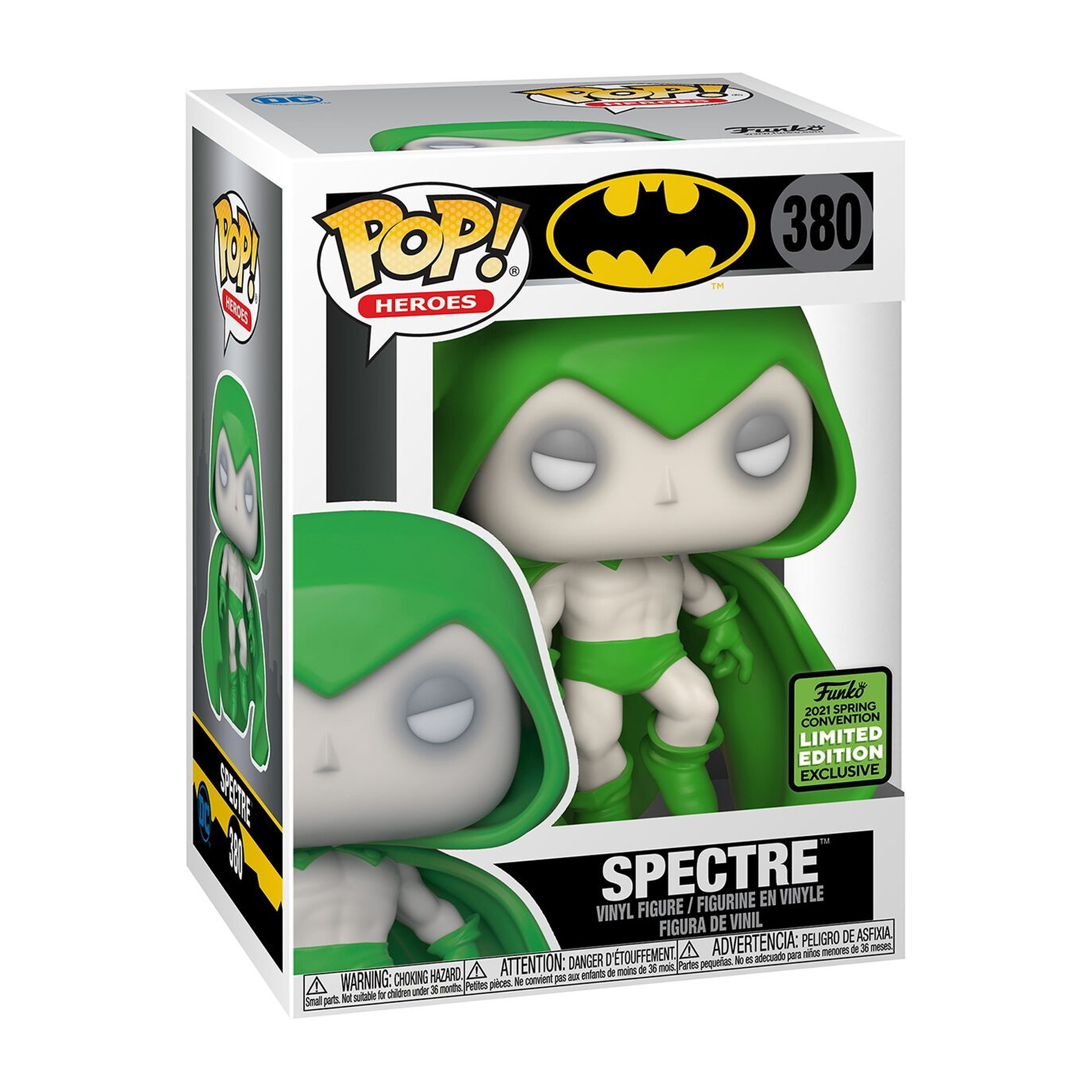 Spectre Funko Pop Figur in einer Box, trägt einen grünen Kapuzenmantel. Die Box hat einen Aufkleber.
