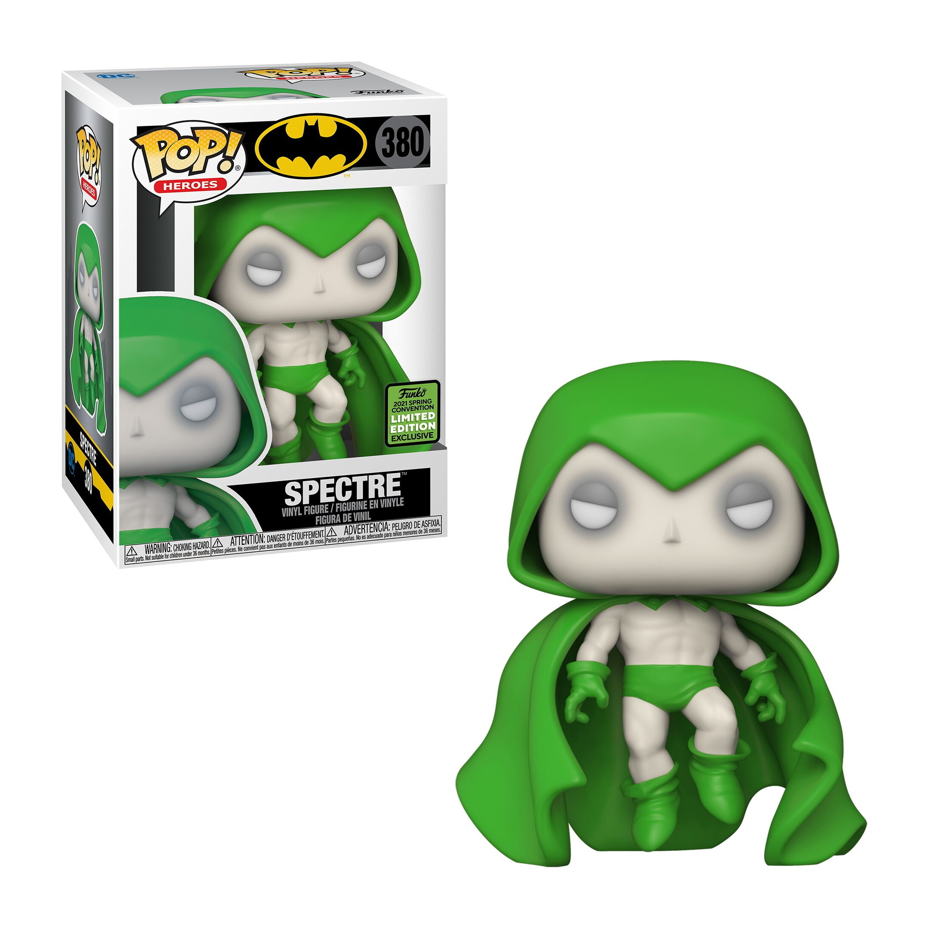 Spectre Funko Pop Figur. Grüner Kapuzenmantel, weißes Gesicht, grüne Unterhose. Comic-Figur.