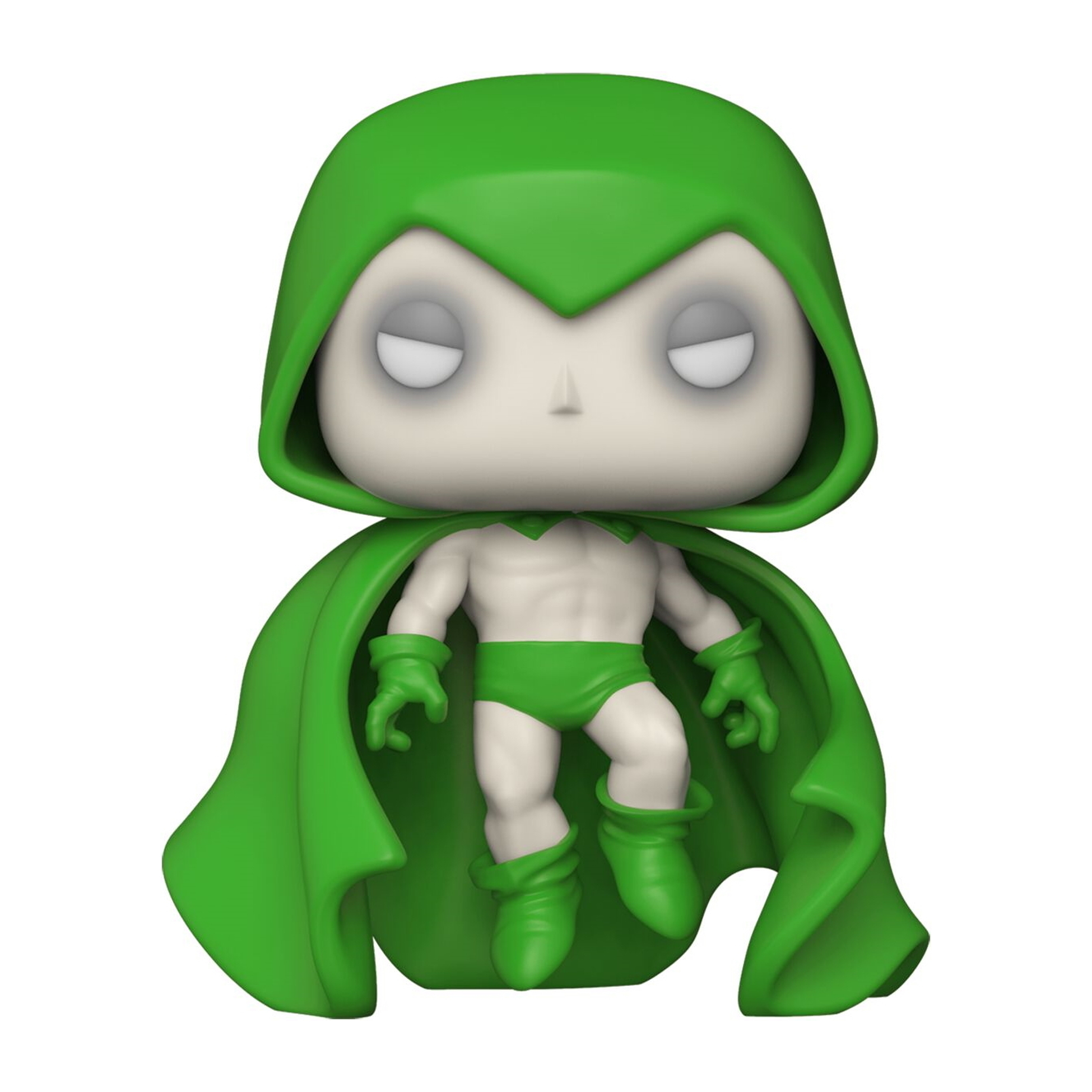 Grüne Specter Funko Pop Figur mit grüner Kapuze und Umhang, weißem Gesicht und grünen Slips.