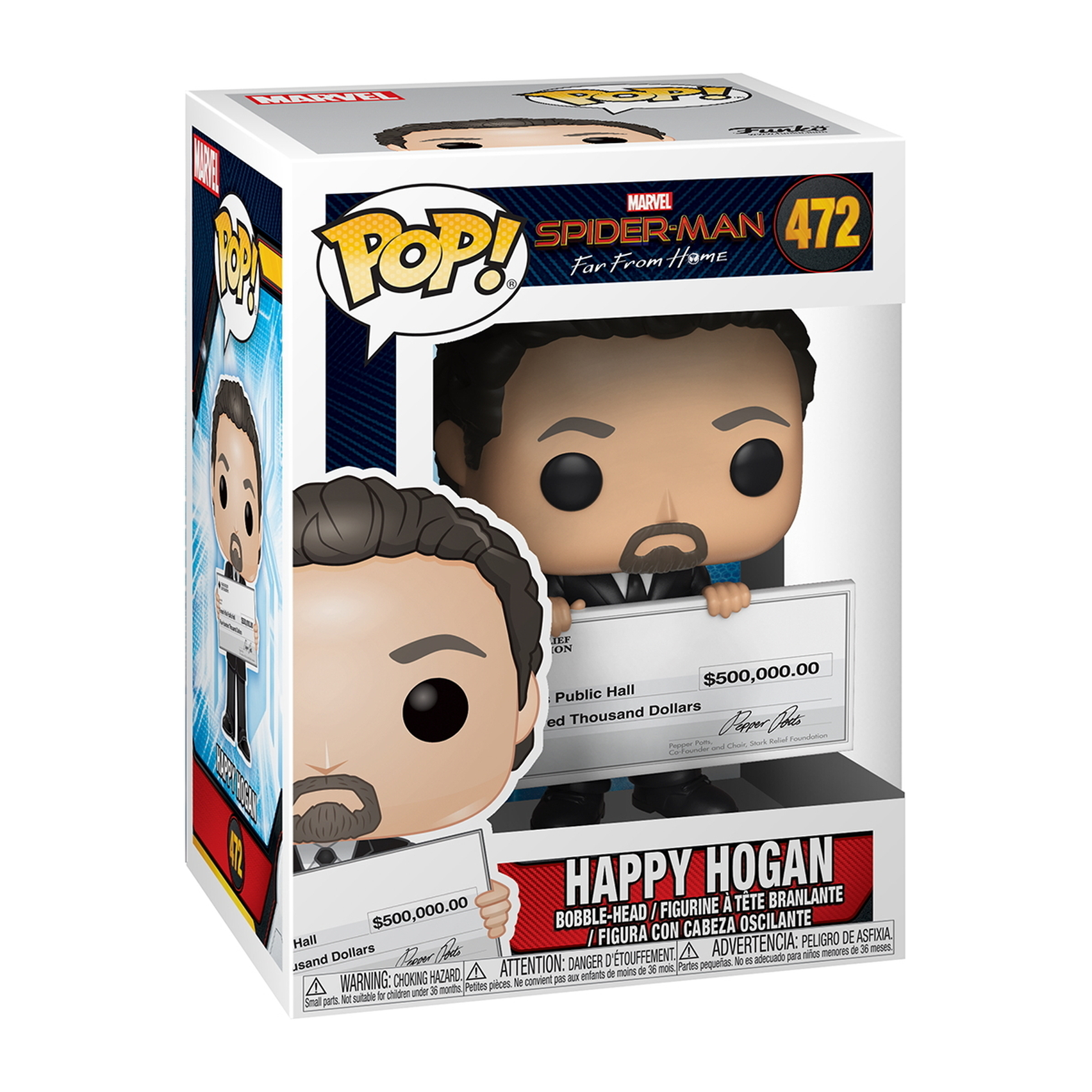 Funko Pop Figur in Box, Happy Hogan aus Spider-Man. Figur hält Scheck über $500.000.
