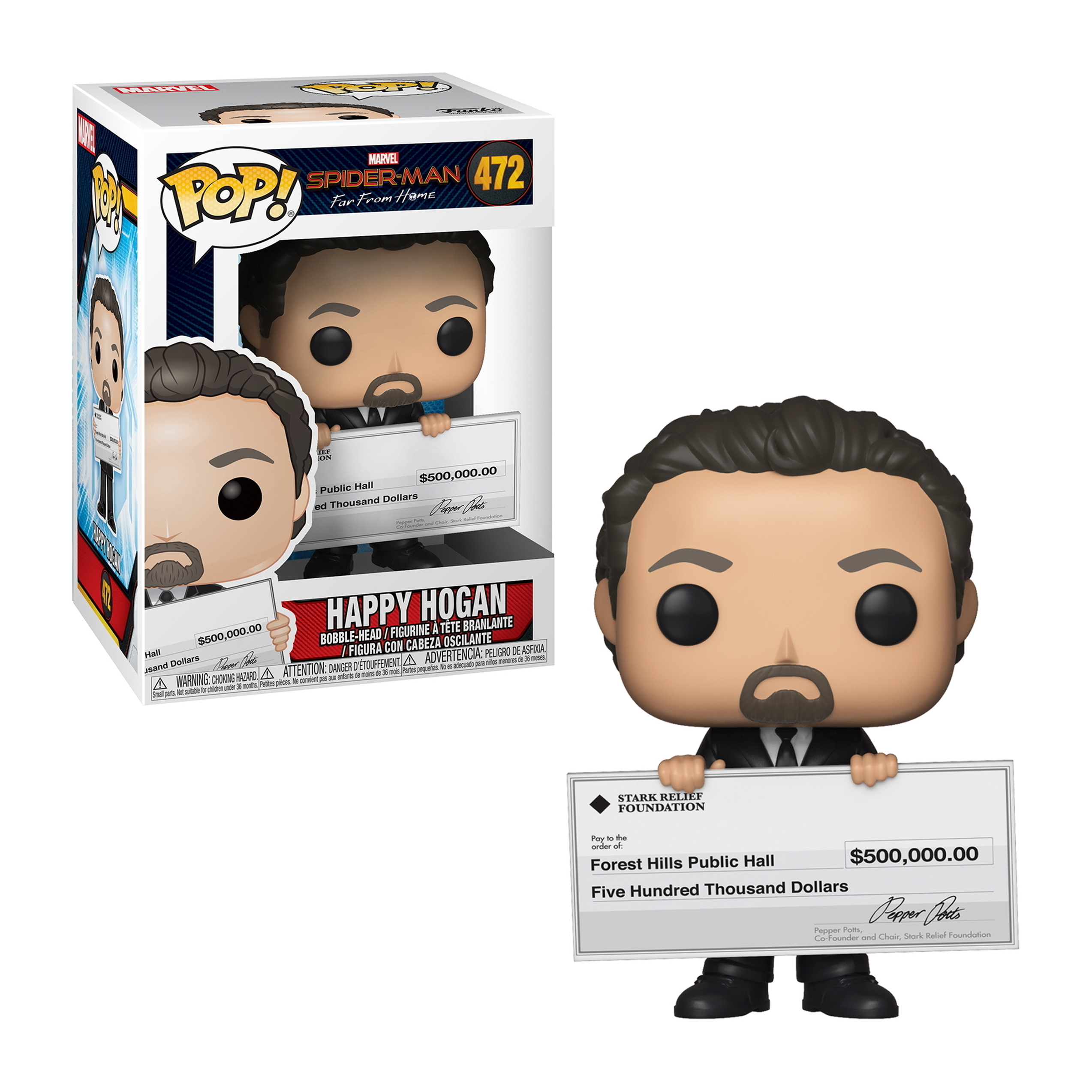 Funko Pop Figur von Happy Hogan, der einen großen Scheck hält, mit sichtbarer Box-Art.