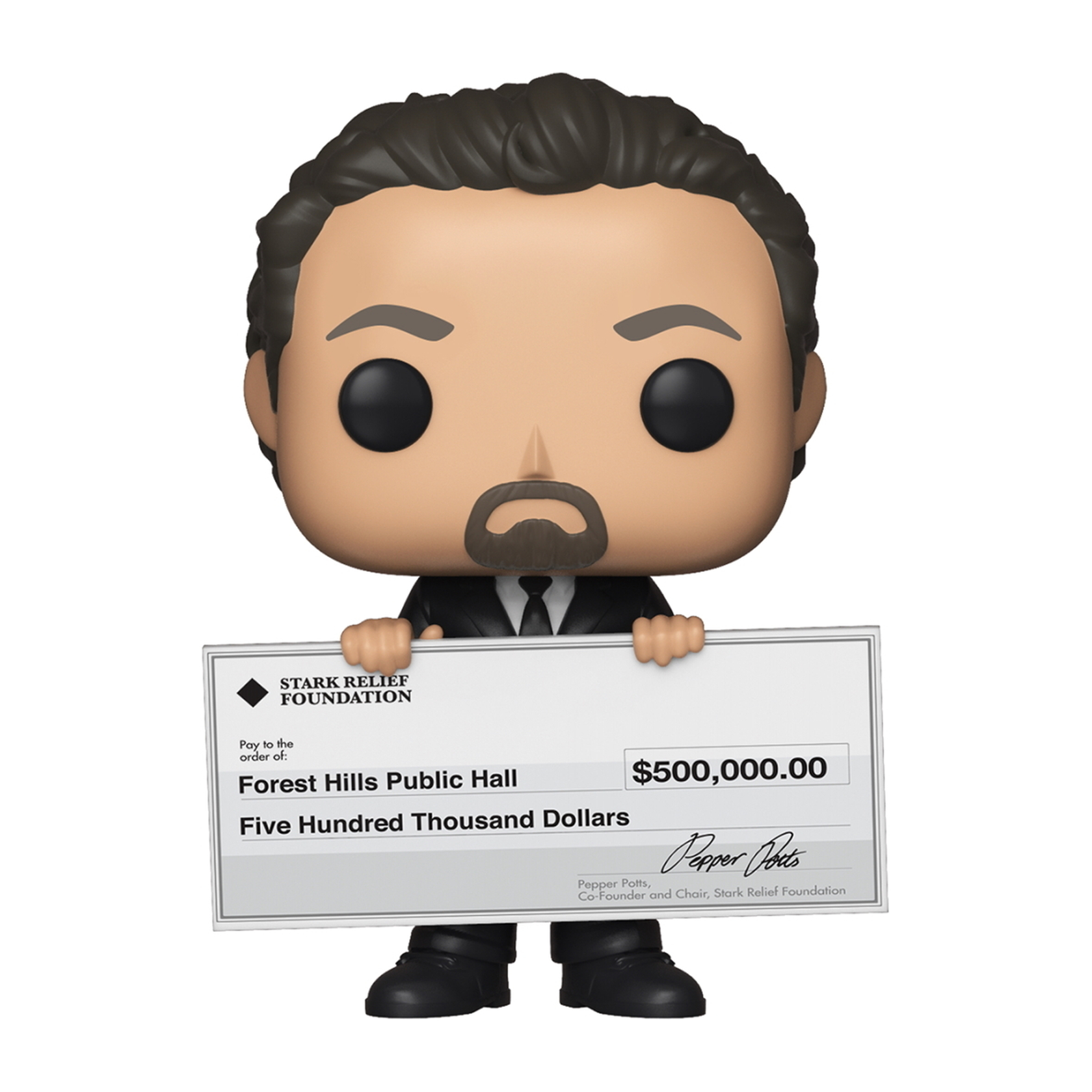 Funko Pop Figur eines Mannes im Anzug, der einen großen Scheck über 500.000 $ hält.