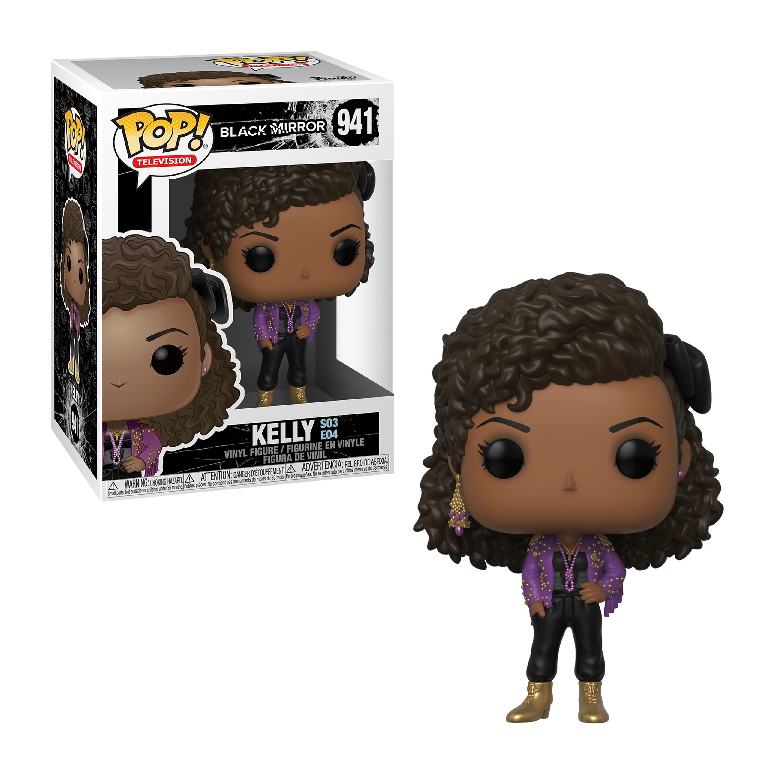 Figurka Funko Pop! Kelly z Black Mirror z kręconymi włosami, w fioletowej kurtce, i pudełkiem.