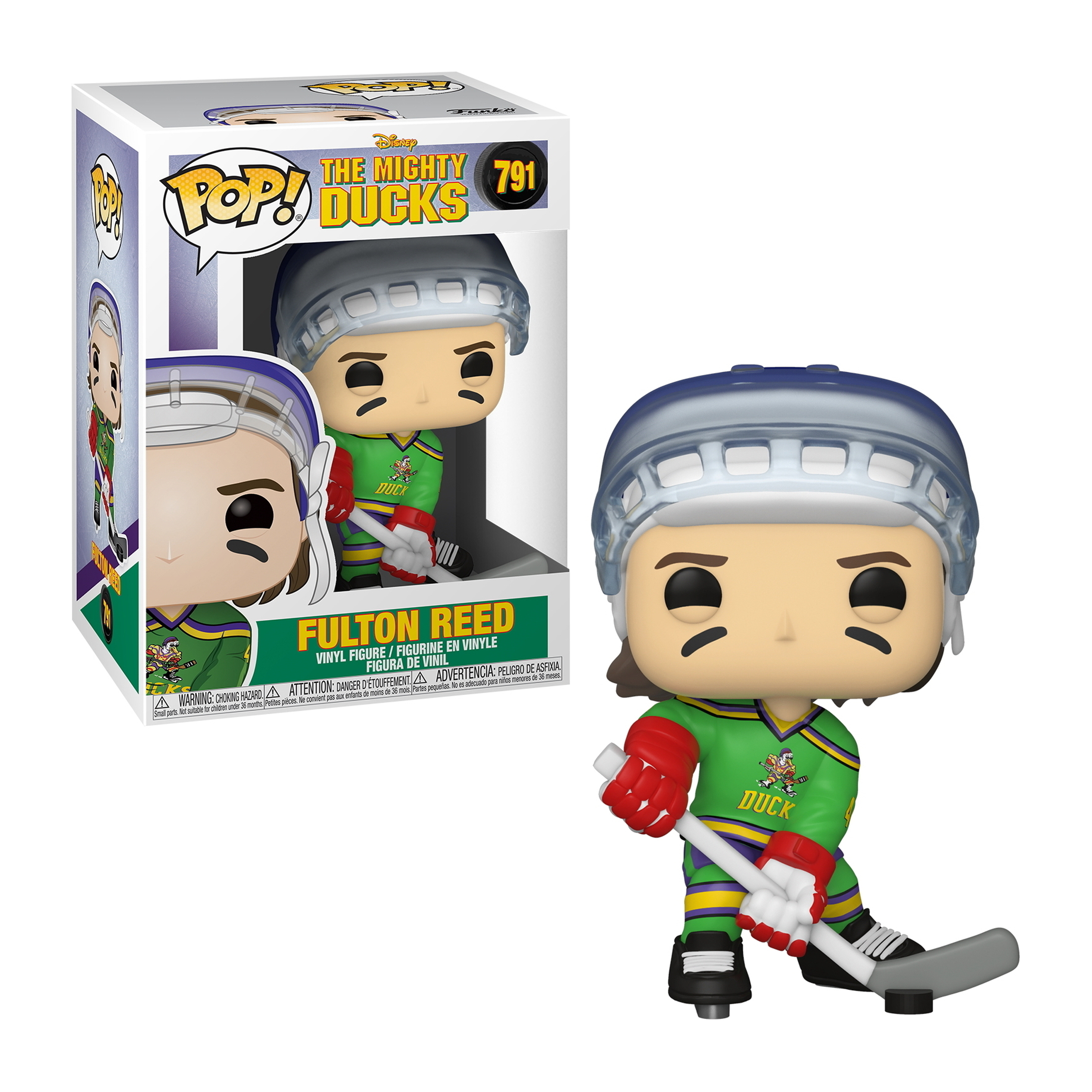 Mighty Ducks Fulton Reed Funko Pop Figur, in Box, Eishockeyspieler, grünes Trikot, grauer Helm, mit Schläger.