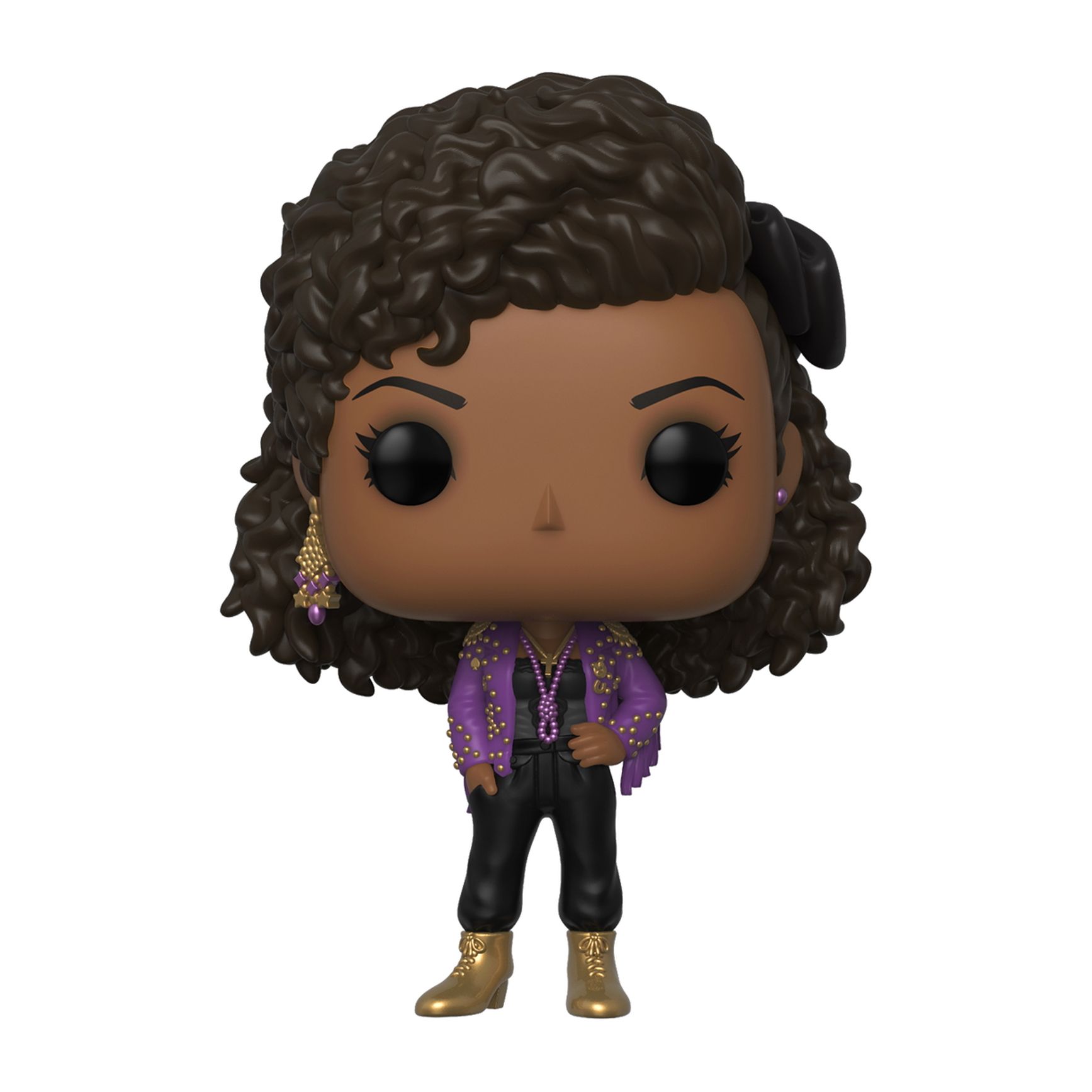 Funko Pop kobiety w fioletowym stroju. Kręcone włosy, złote buty i kolczyki. Czarna kokarda.