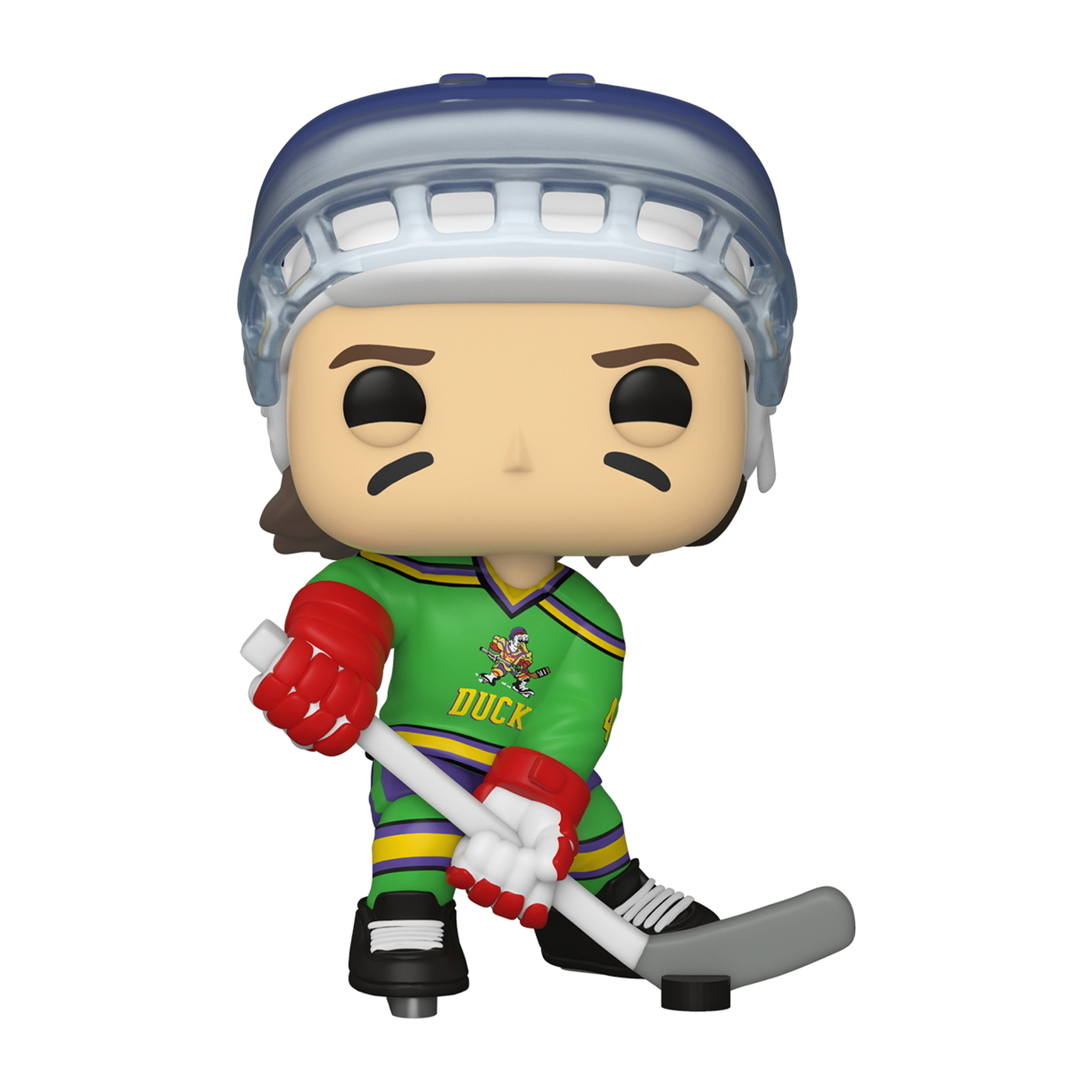 Hockeyfigur mit grünem Trikot und Helm. Hält einen Hockeyschläger. Schwarze Augenmarkierungen.