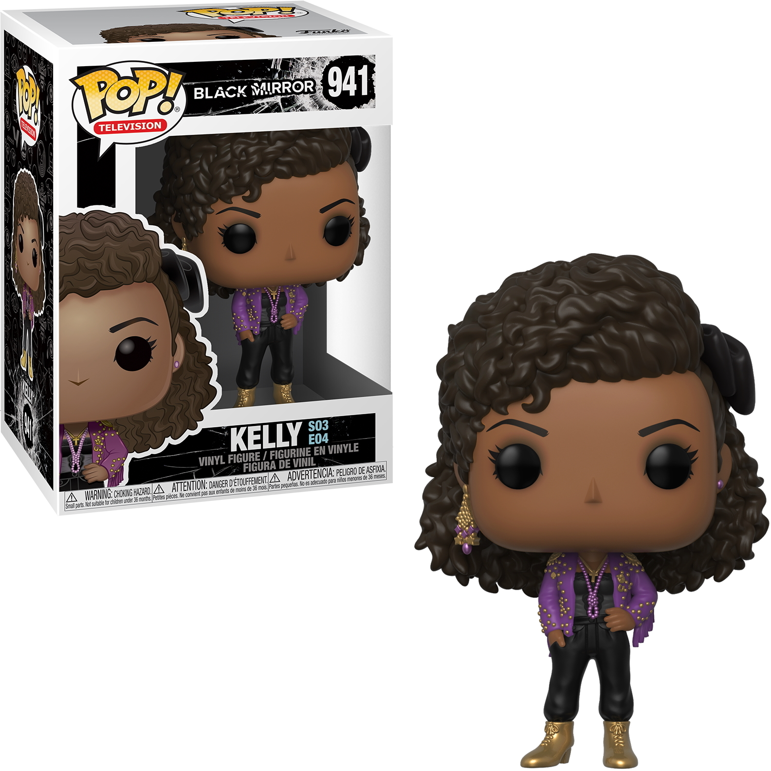 Figurka Funko Pop Kelly z Black Mirror, w fioletowej kurtce i czarnych spodniach.