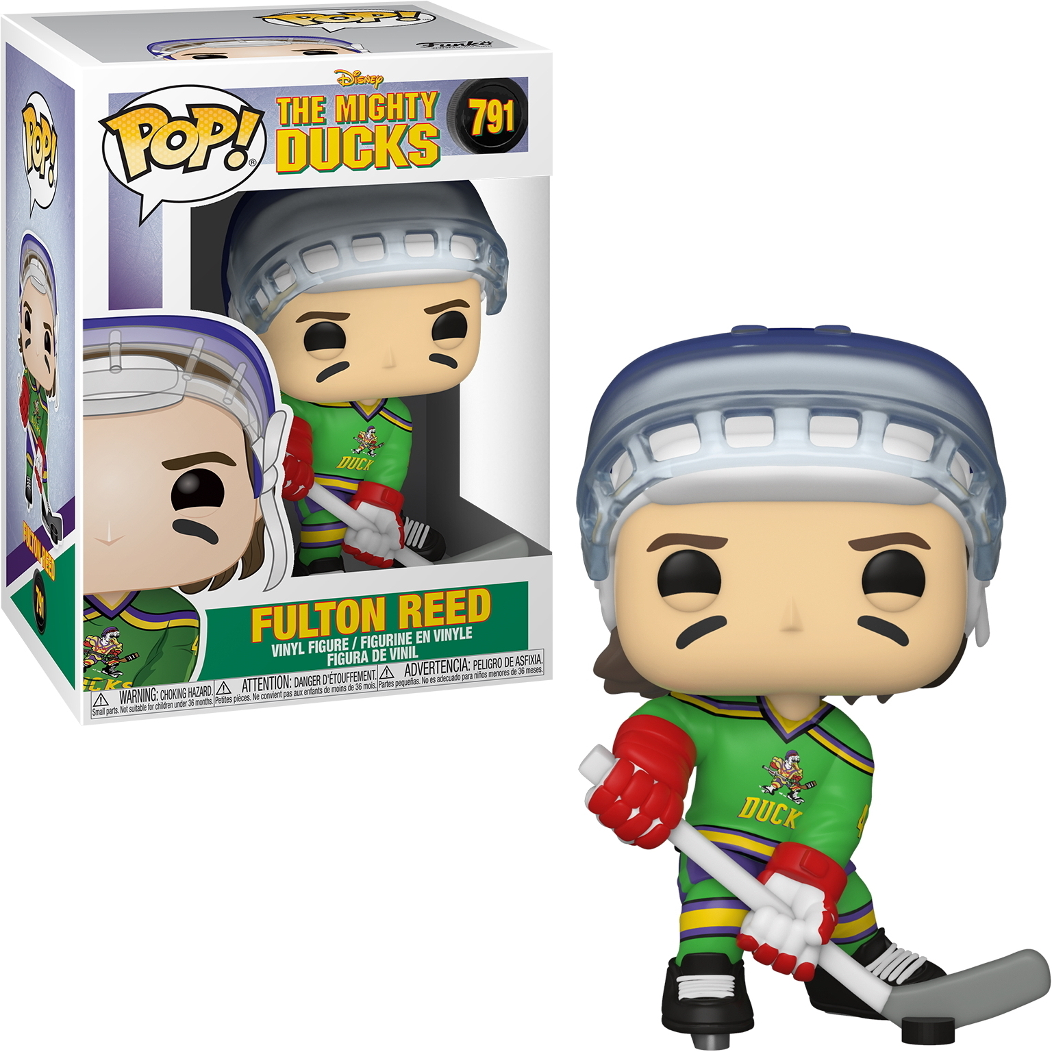 Fulton Reed Eishockeyspieler-Figur im Mighty Ducks-Trikot, mit Helm und Hockeyschläger.