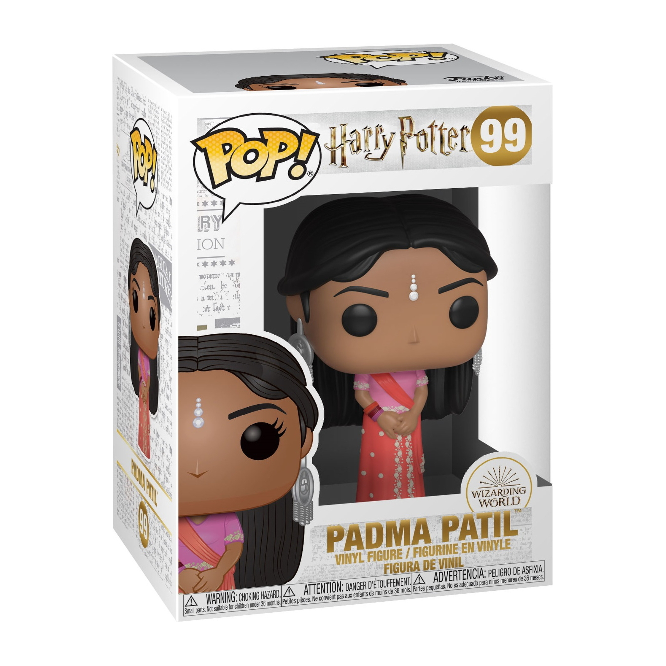 Padma Patil Funko Pop Figur in einer Box. Sie trägt einen rosa Sari.