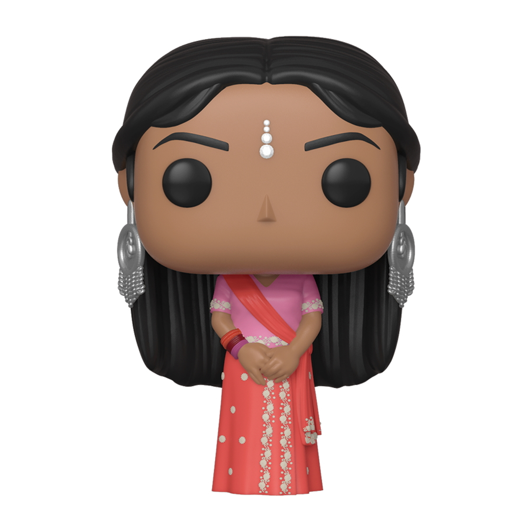 Eine Figur in einem rosa Oberteil und rotem Rock. Sie hat schwarzes Haar und einen Bindi. Silberne Ohrringe.