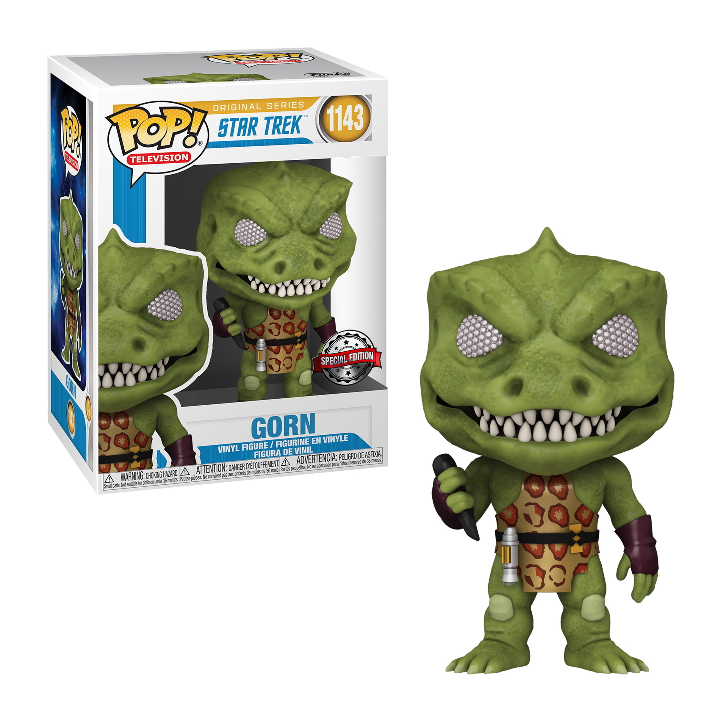 Una figura di Gorn di Star Trek, verde con occhi bianchi e un'arma. È un Funko Pop.