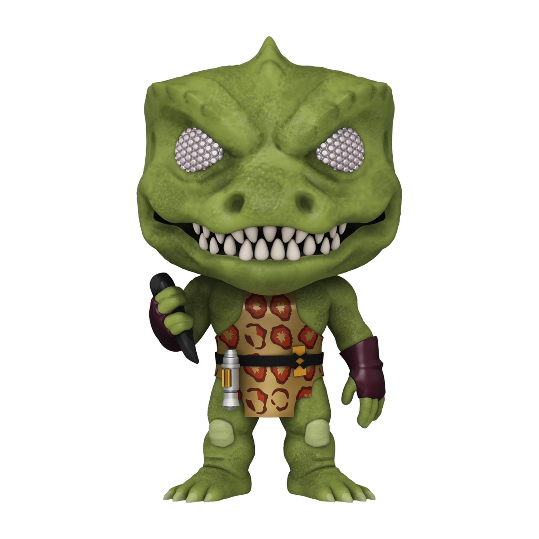 Creatura simile a una lucertola Funko Pop. Pelle verde, tiene un coltello. Scatola non mostrata.