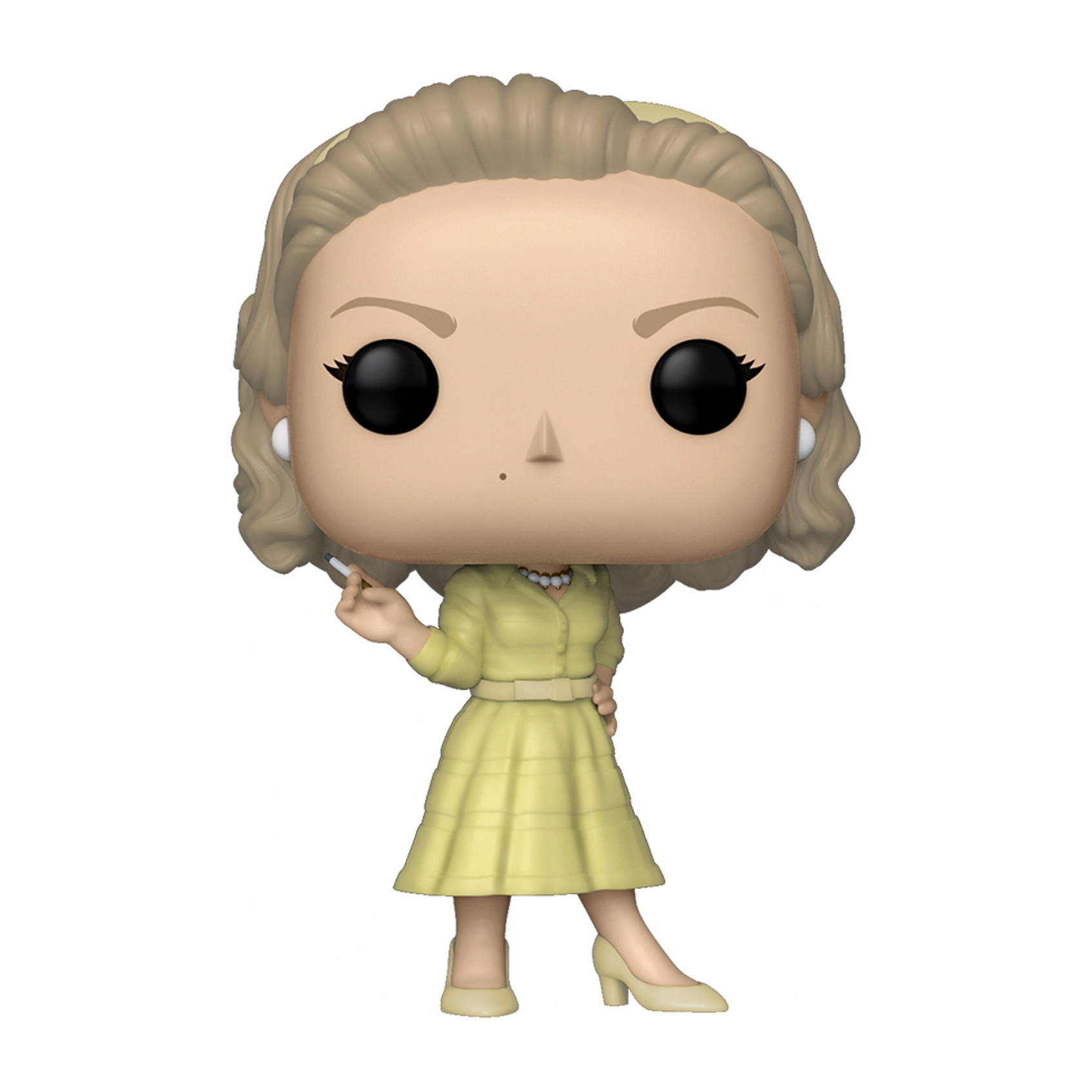 Figura Funko Pop di una donna in abito giallo, che tiene una sigaretta, con sfondo bianco.