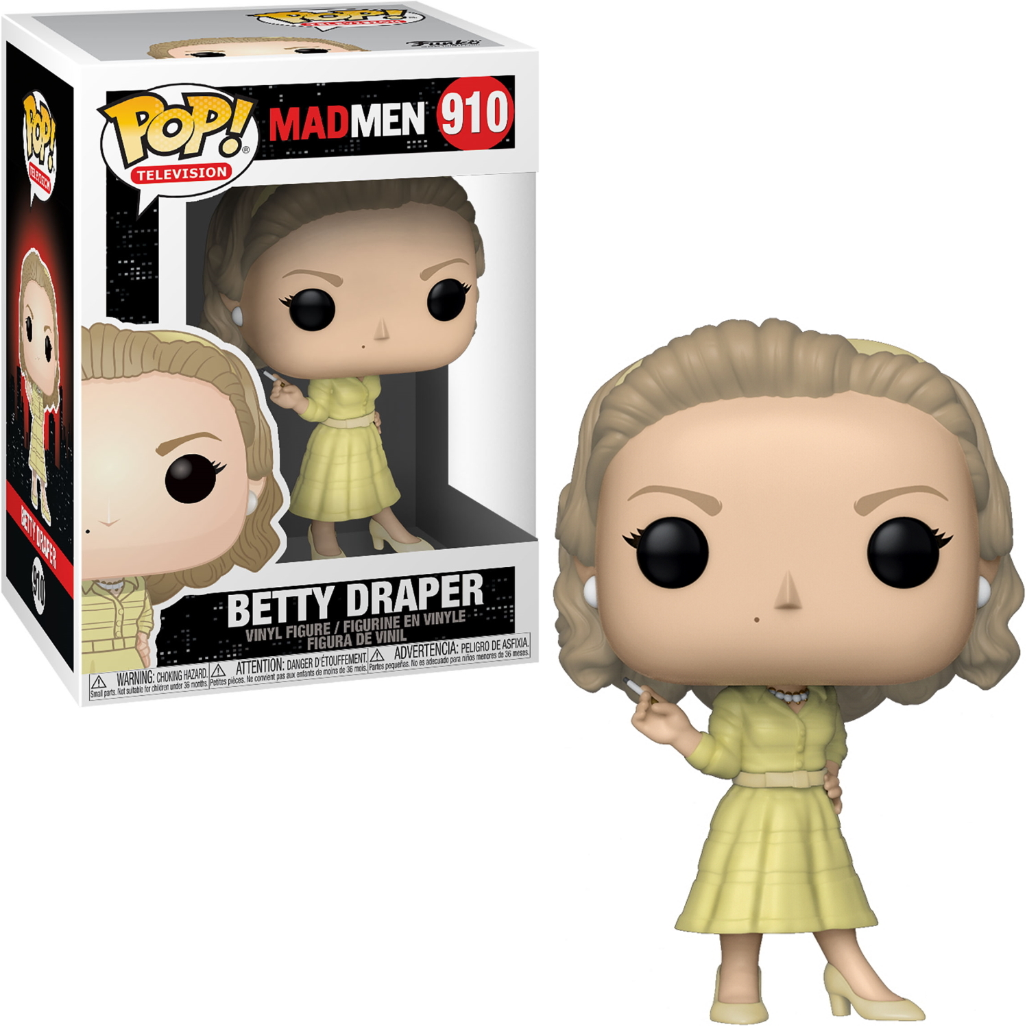 Funko Pop di Betty Draper. Capelli biondi, vestito giallo, sigaretta. Scatola sullo sfondo.