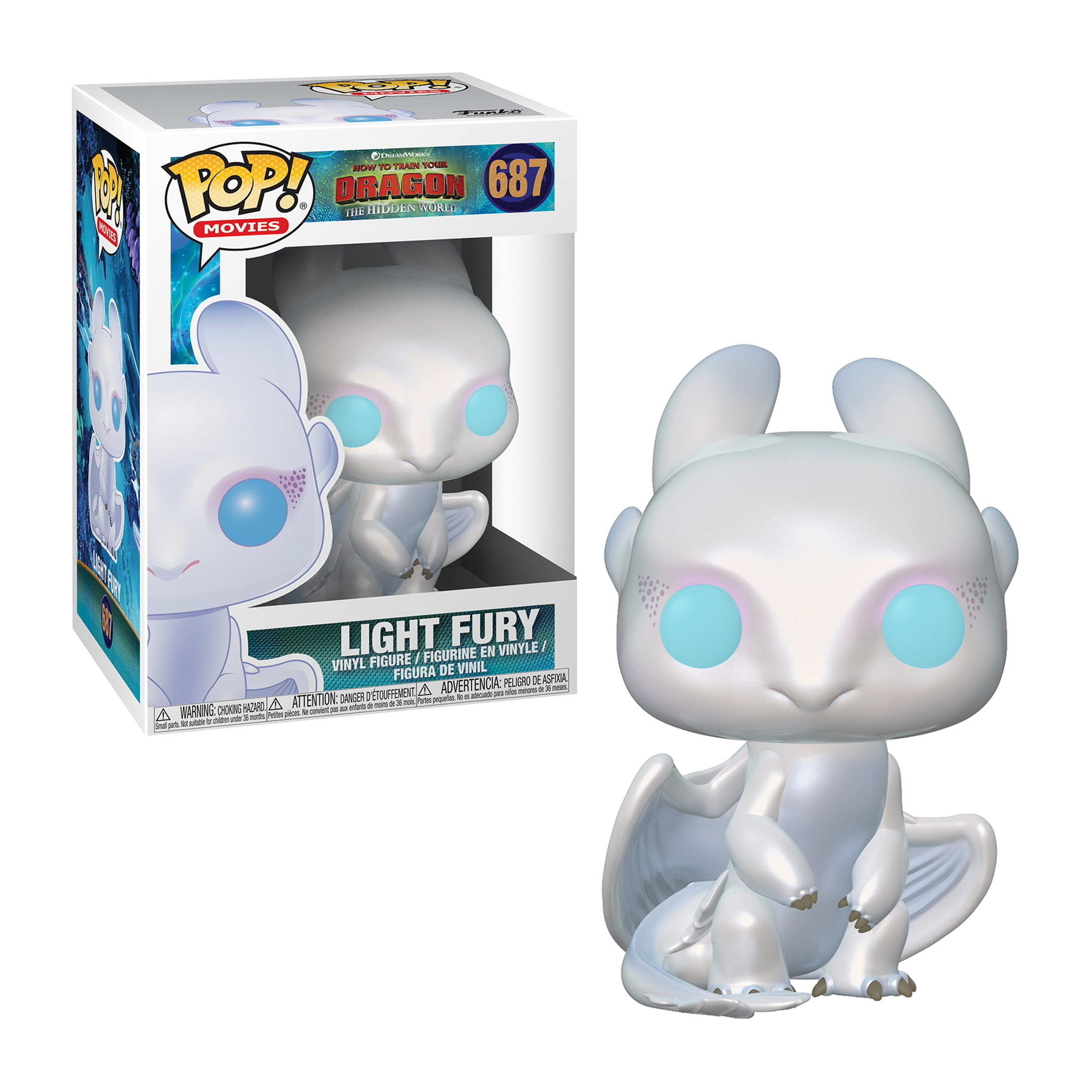 Funko Pop Świetlistej Furii z Jak wytresować smoka. Biały smok z niebieskimi oczami.