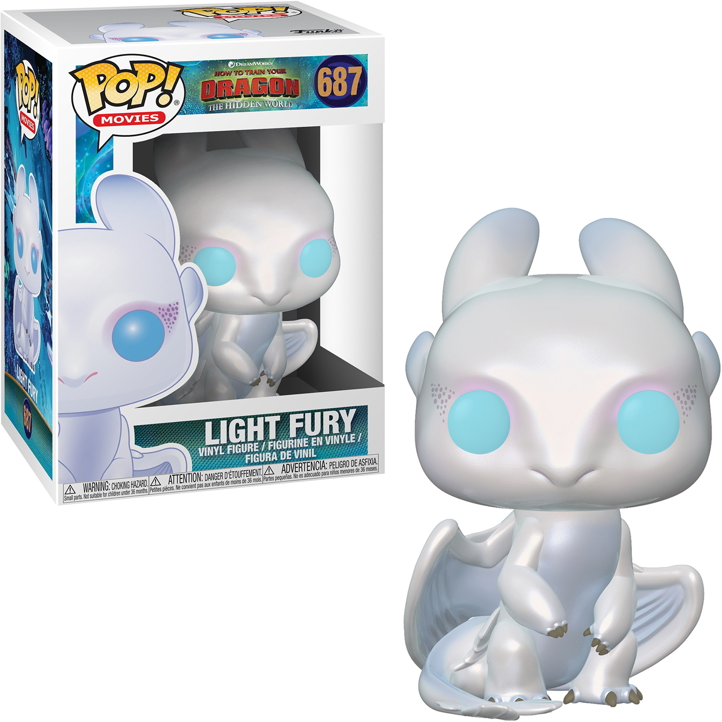 Figurka Light Fury z Jak wytresować smoka, biała, z niebieskimi oczami i skrzydłami. Stoi.