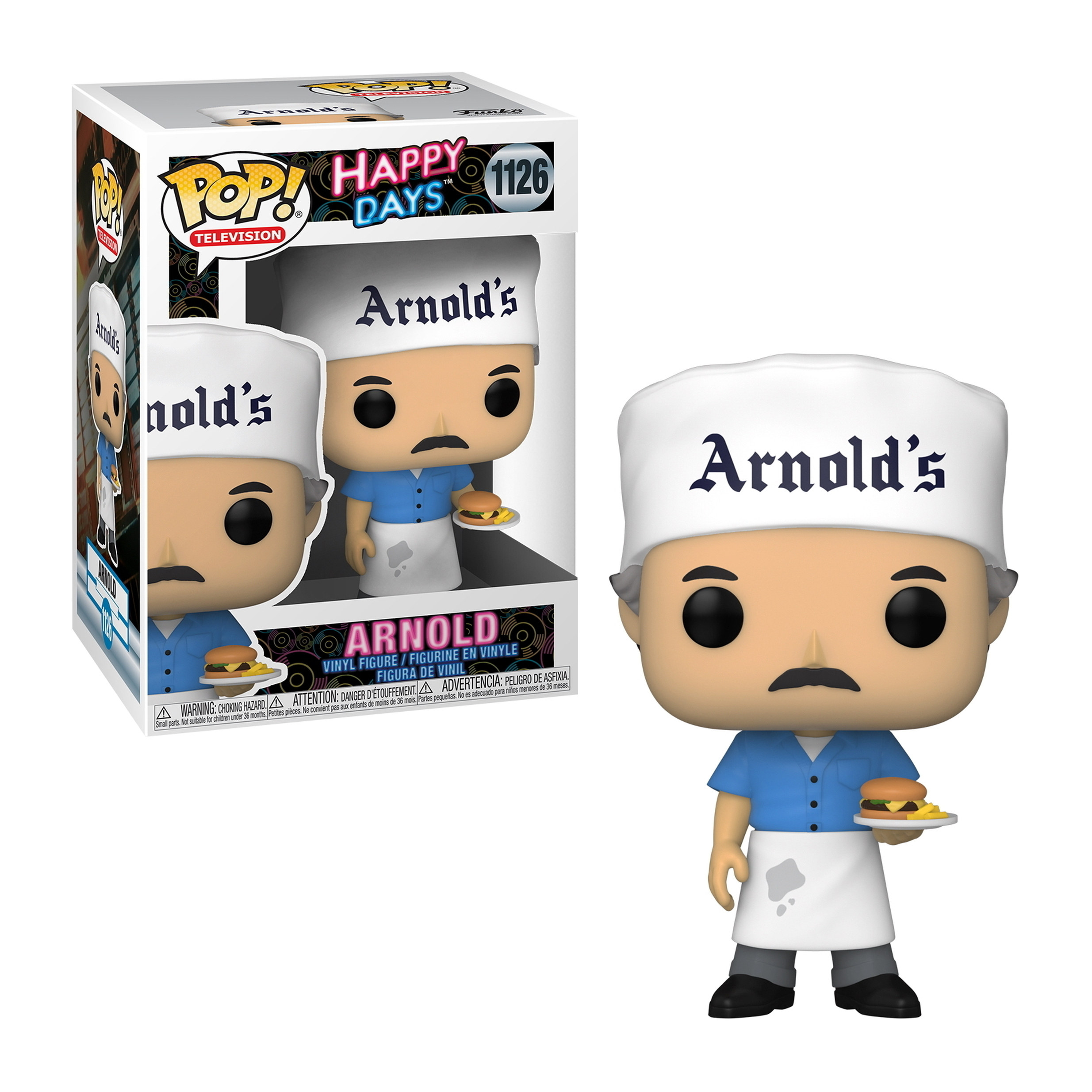 Arnold-Figur, die einen Burger hält, vor einer Box mit demselben Bild.