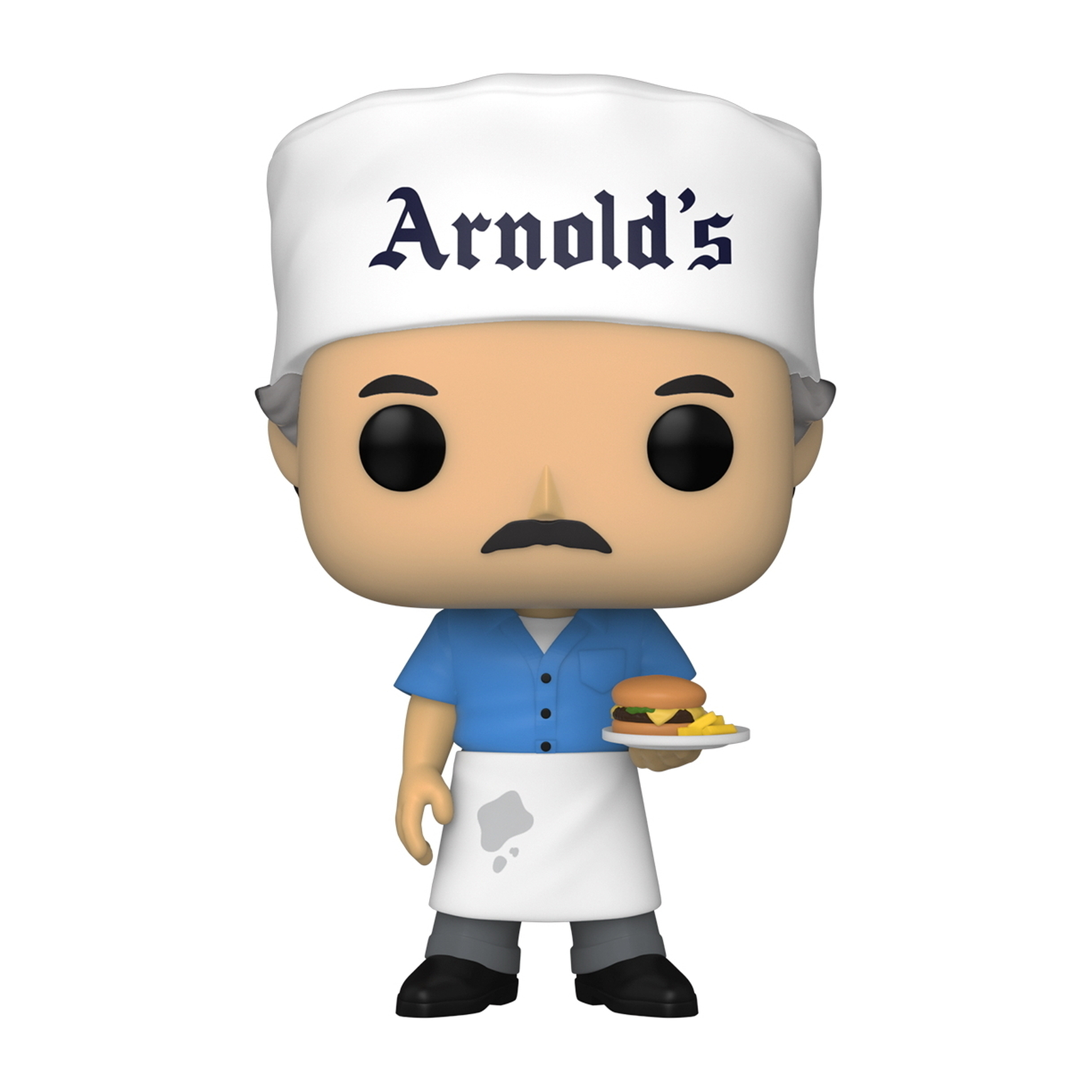 Funko Pop eines Kochs aus Arnolds mit weißem Hut, blauem Hemd und Schürze, der Essen hält.