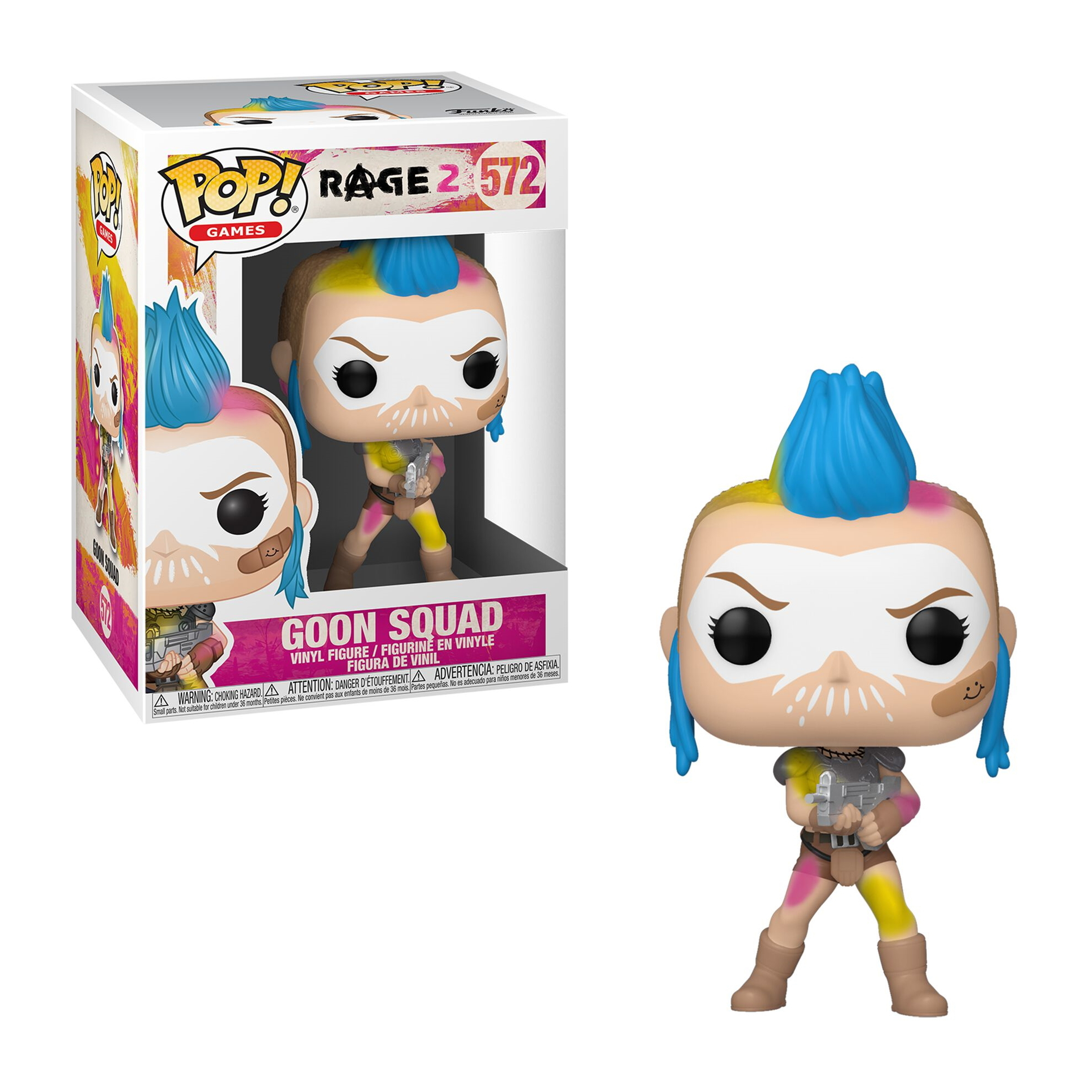 Figurka Funko Pop Goon Squad z niebieskim irokezem, trzymająca pistolet.