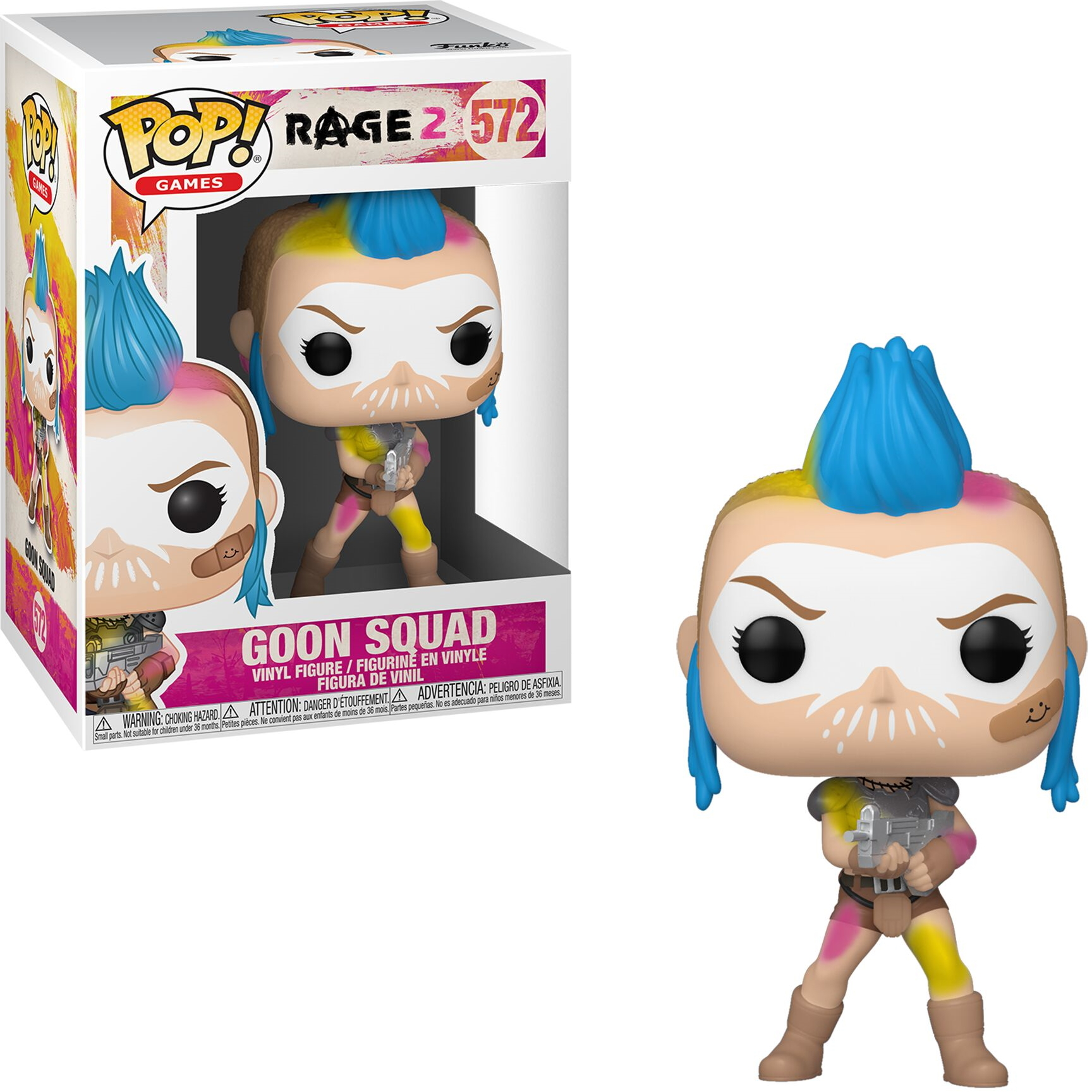 Figurka Goon Squad Funko Pop z pudełkiem. Figurka ubrana na różowo, żółto i niebiesko.
