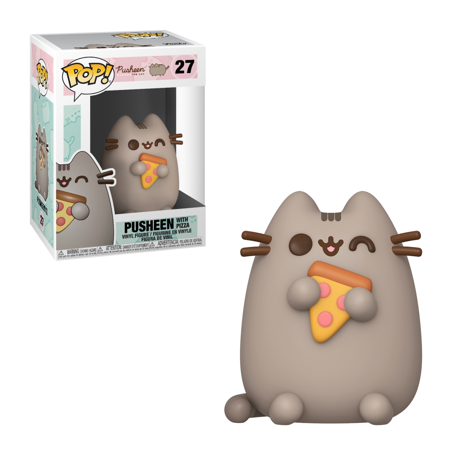 Pusheen Funko Pop Figur isst Pizzastück, in Box mit Pusheen-Grafiken, und weißem Hintergrund.