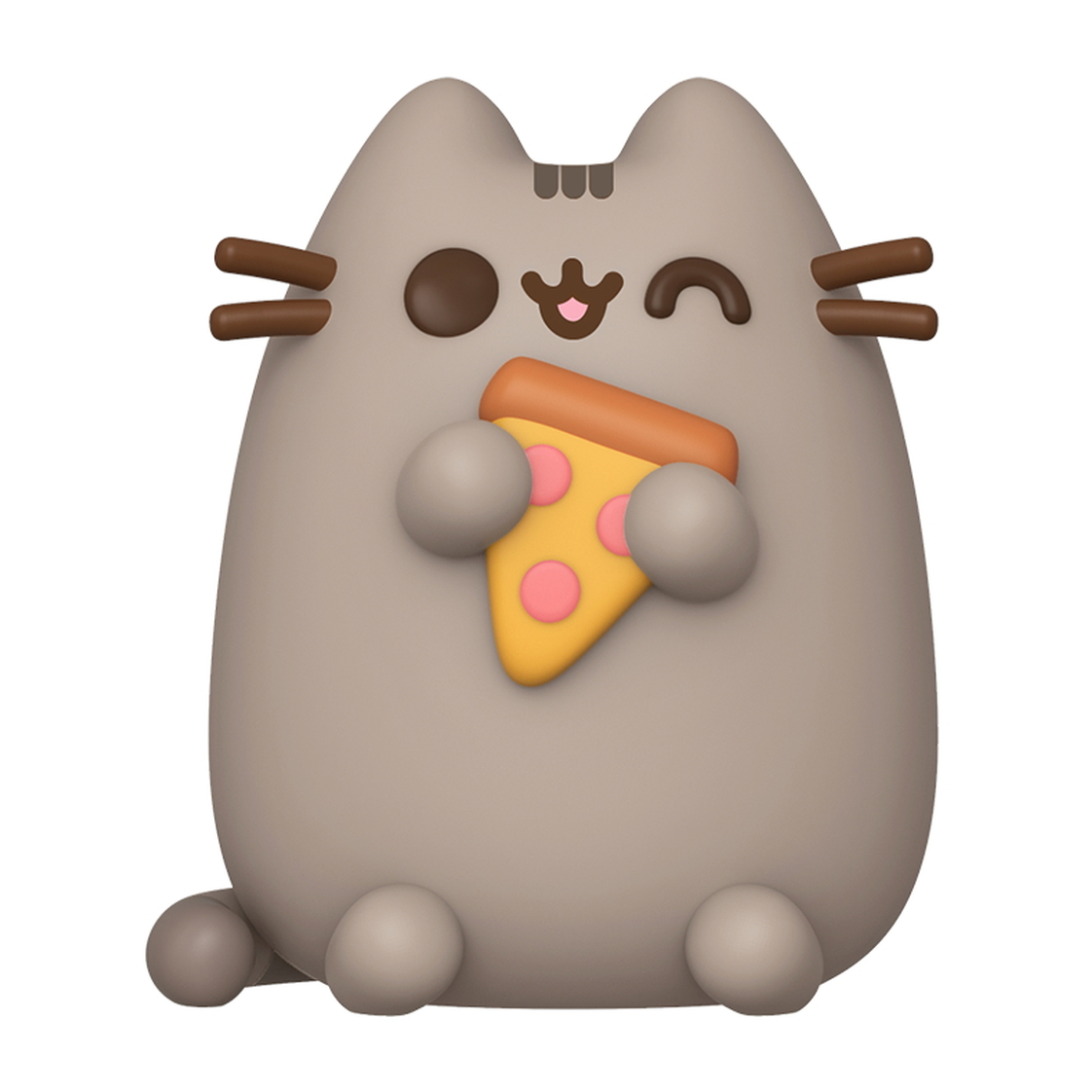 Pusheen Katzenfigur, die eine Pizzaschnitte hält. Die Pizza hat rosa Pepperoni.