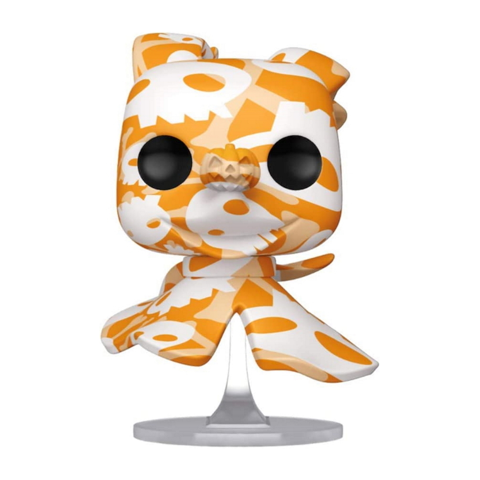 Weiß und orange gemusterte Funko Pop Figur mit Kürbiskopf und schwarzen Augen.