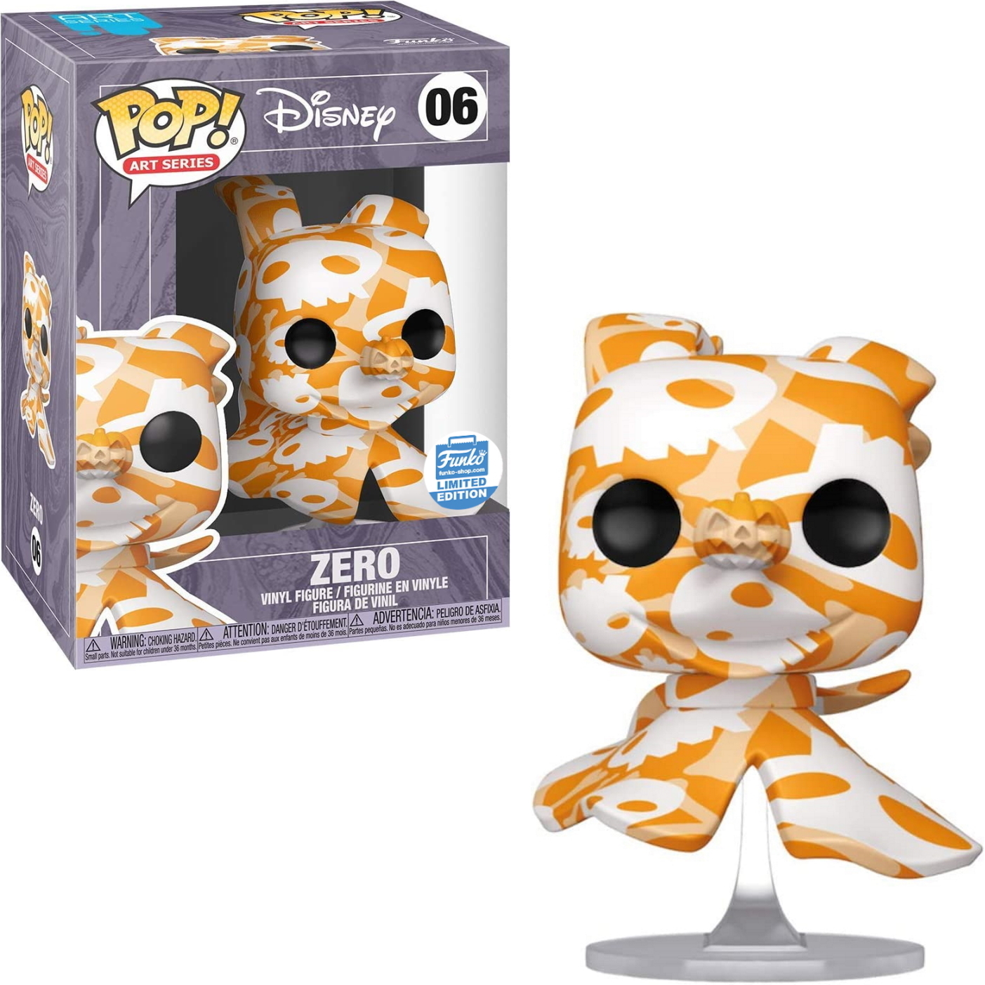 Eine Funko Pop-Figur einer weißen Figur mit orangenen Flecken und einem Kürbiskopf, in einer Box.
