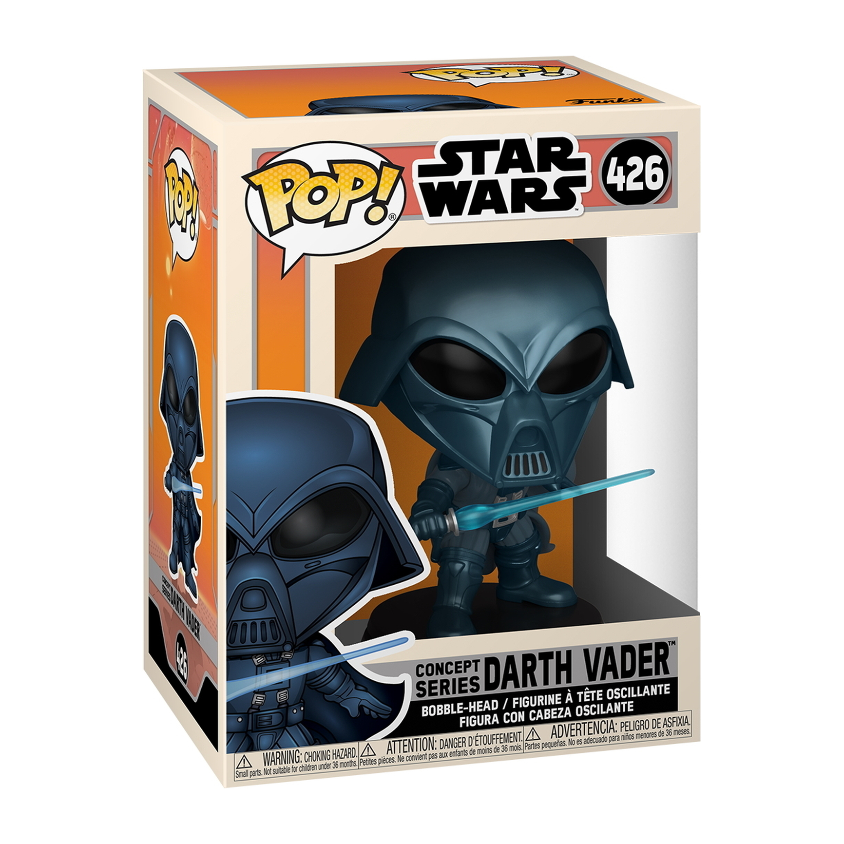 Darth Vader Concept Series Pop Figur in einer Box. Schwarzer Helm und Rüstung. Star Wars Logo.