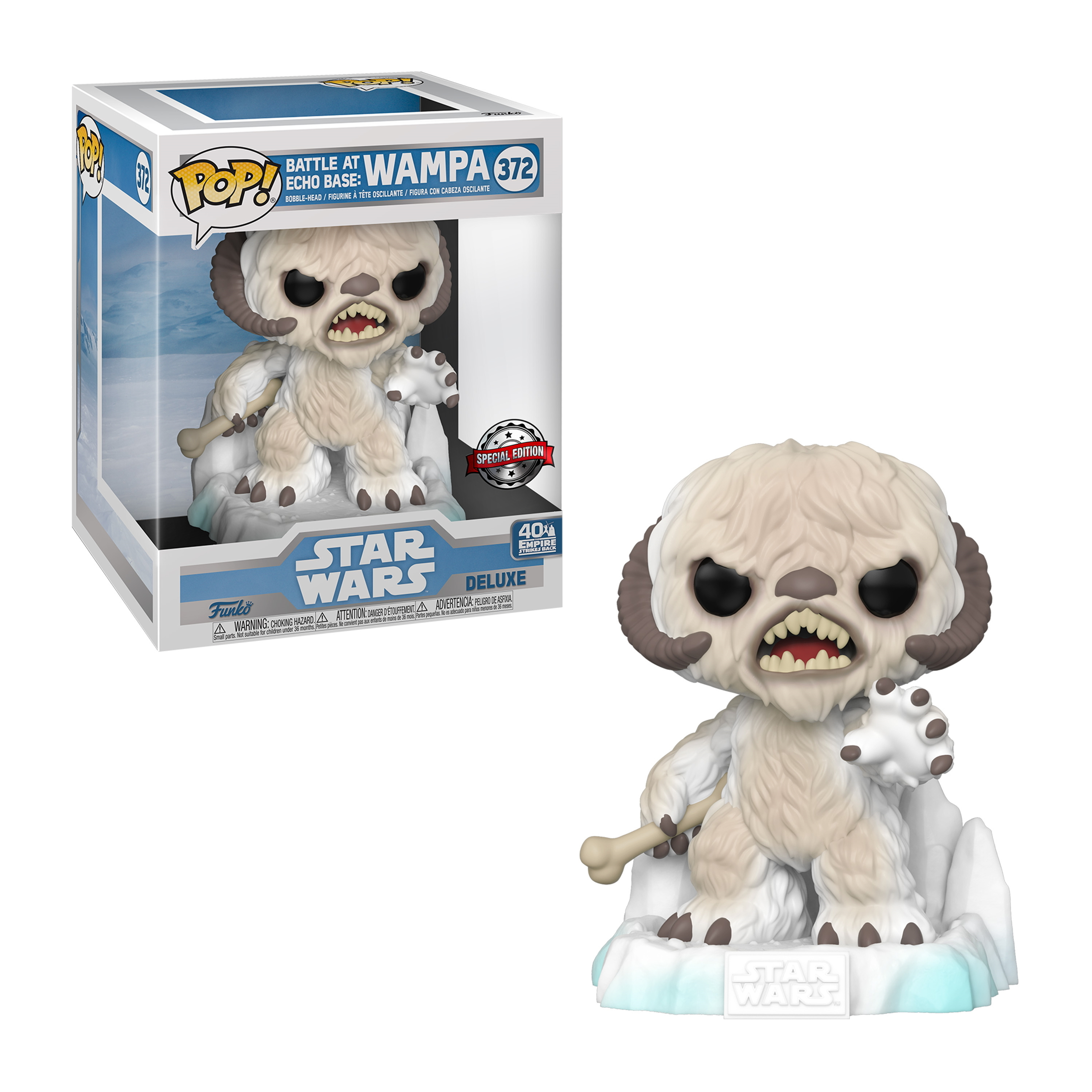 Funko Pop-Figur eines Wampa mit Knochen und eine Box mit der Aufschrift 'Battle at Wampa'.