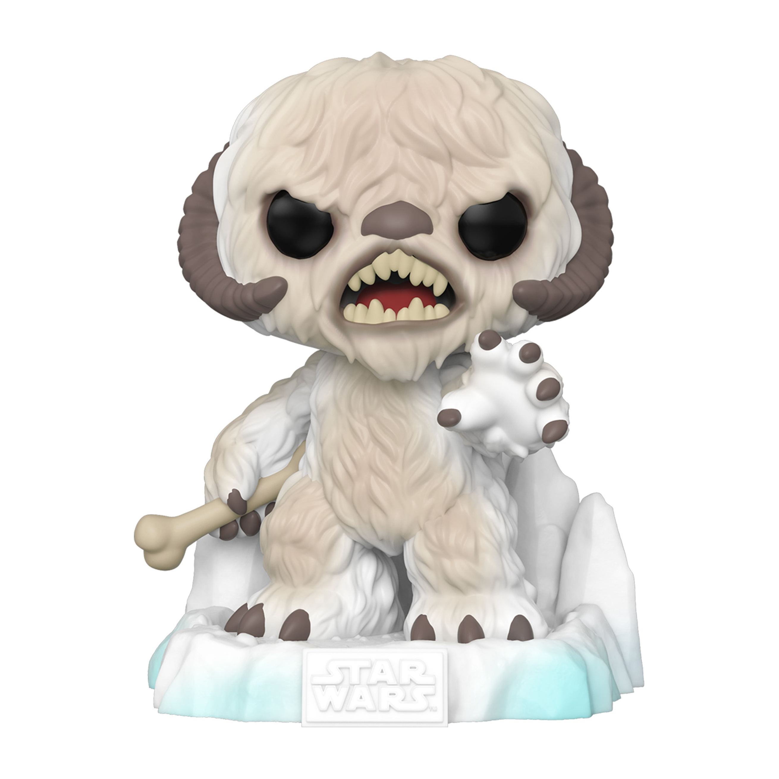Eine Yeti-Figur mit Knochen, steht auf Eis, mit Star Wars-Sockel.