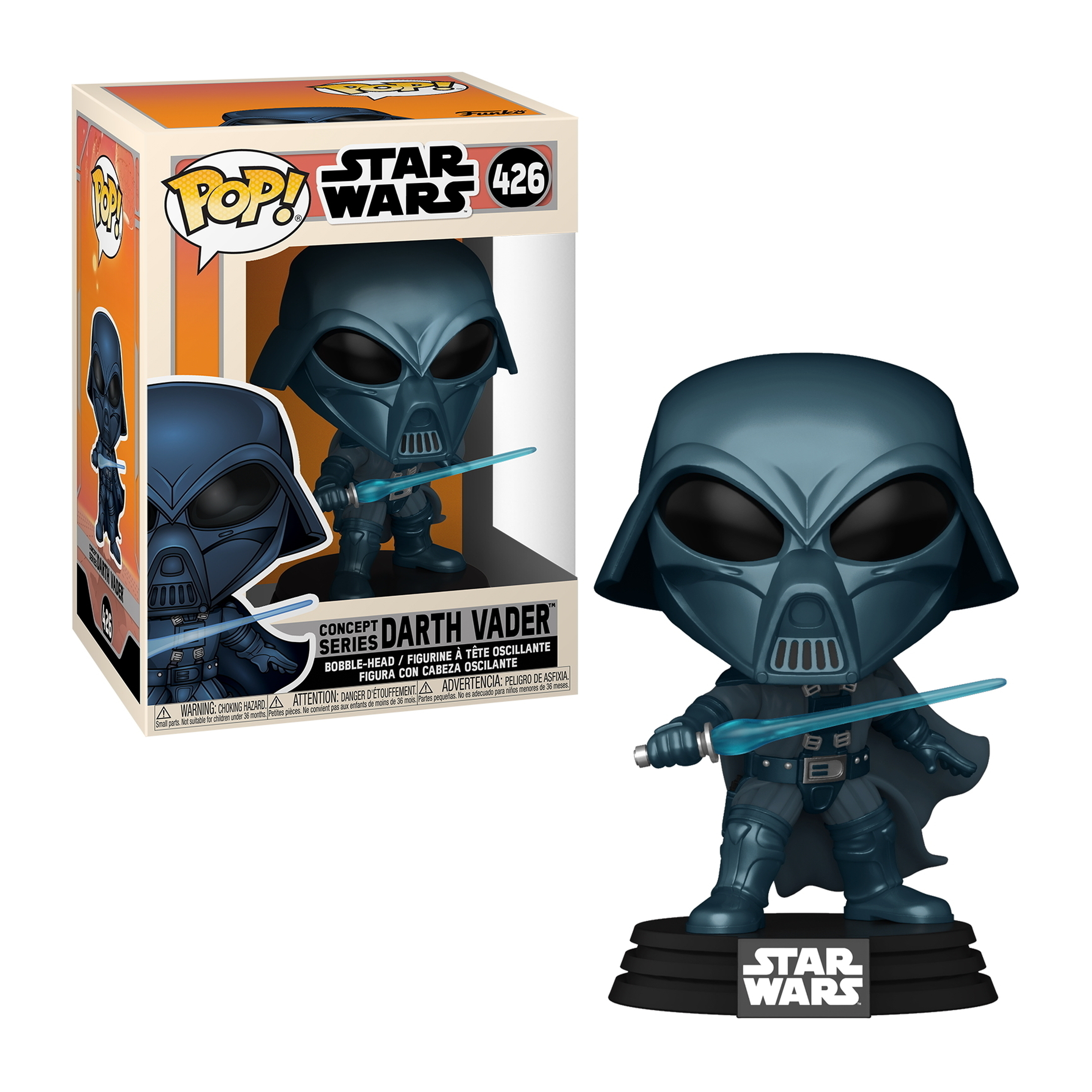 Darth Vader Funko Pop Figur mit einem Lichtschwert. Dunkelblaue Farbe. Box im Hintergrund.