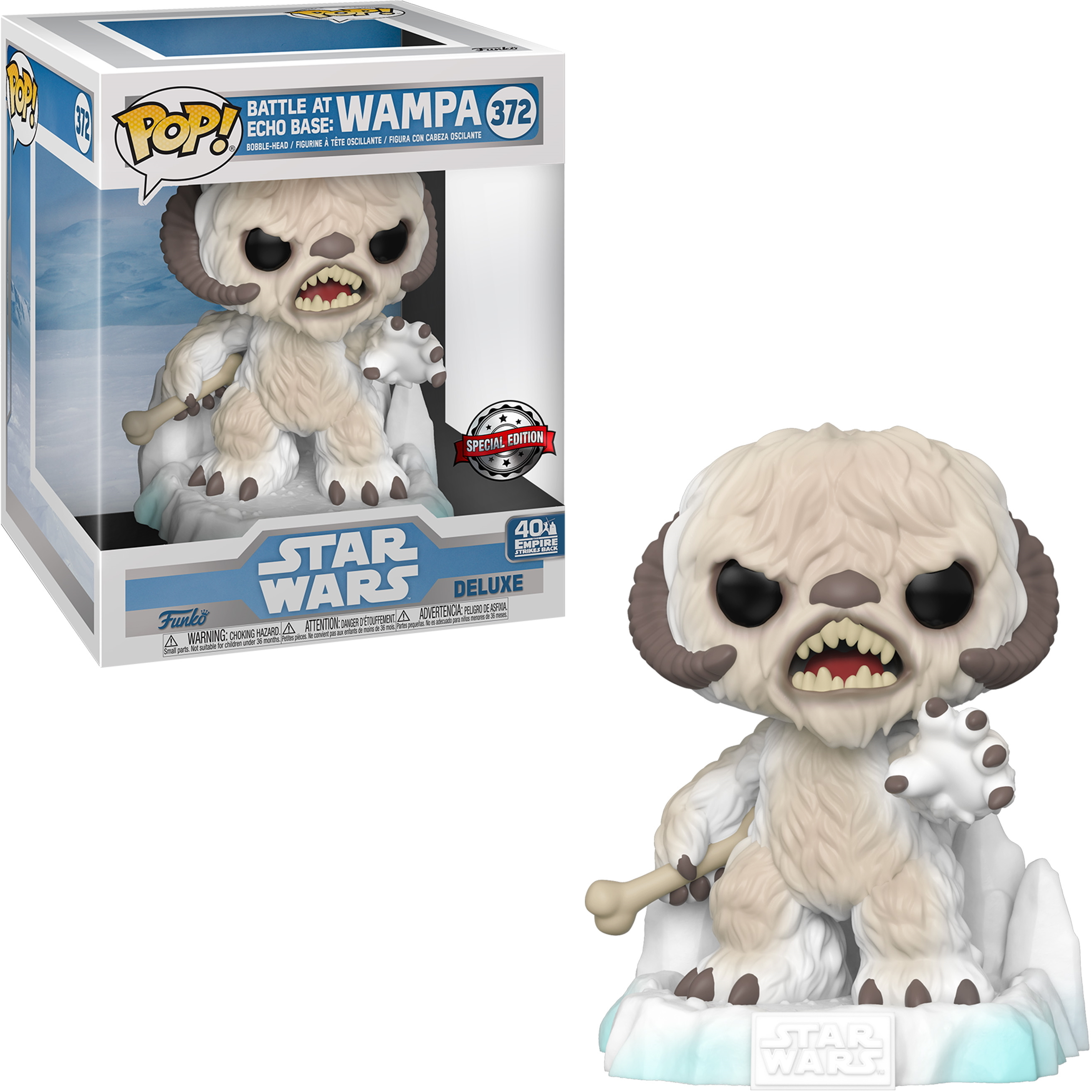 Wampa aus Star Wars Funko Pop-Figur auf Eis, hält einen Knochen, mit Box mit Figur.