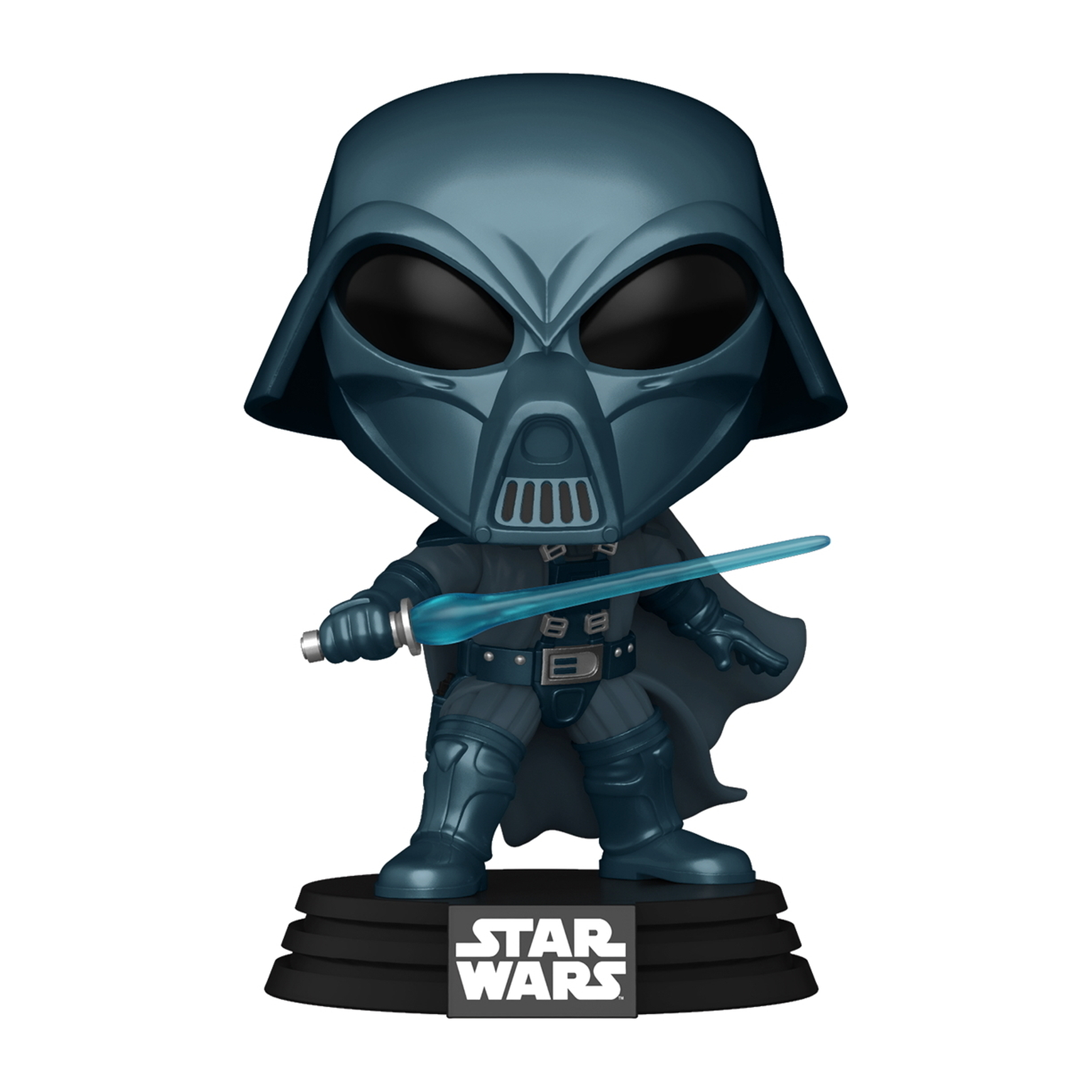 Darth Vader Figur mit Lichtschwert. Die Figur steht auf schwarzem Sockel mit Star Wars Logo.