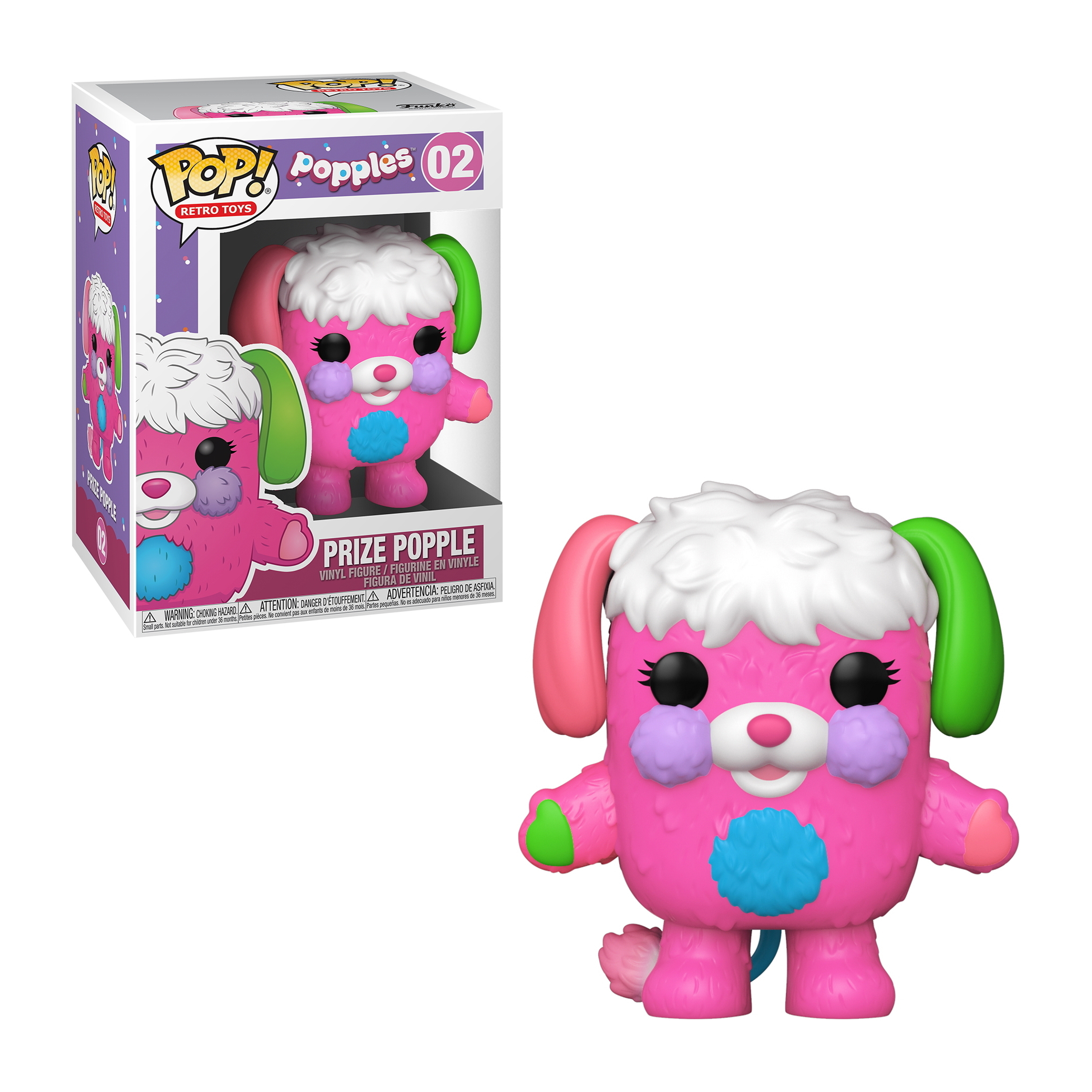 Funko Pop von Prize Popple. Die Figur ist rosa mit weißem Fell und bunten Akzenten.