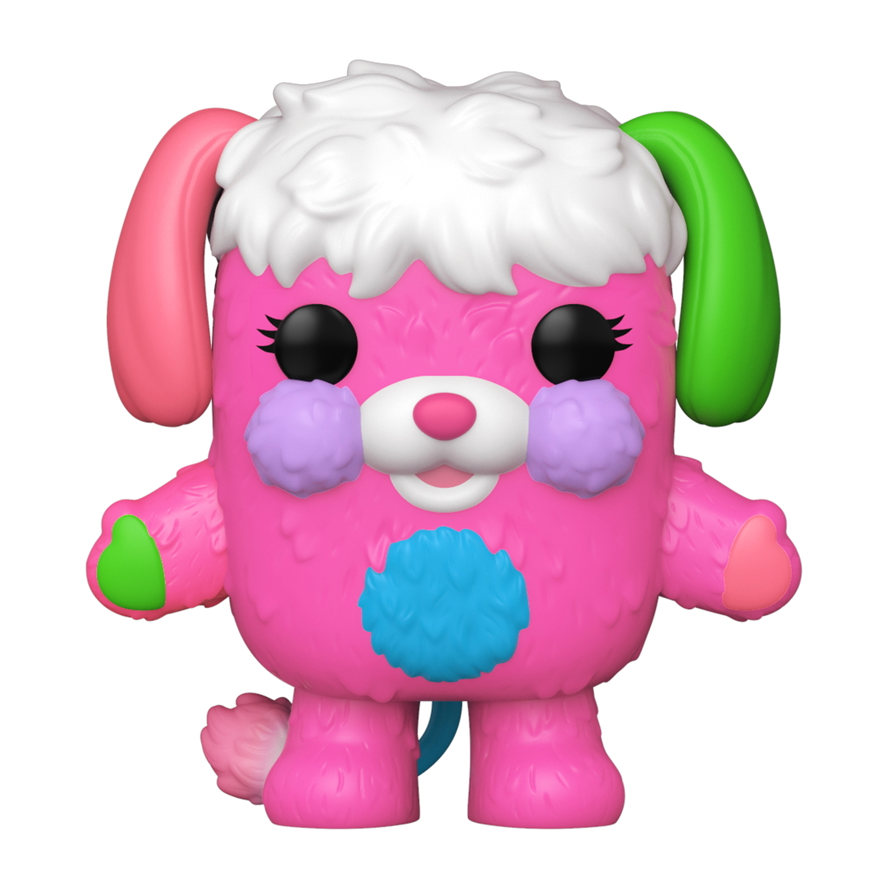 Eine rosa, cartoonartige Hundefigur mit mehreren Farben, lächelnd und stehend.