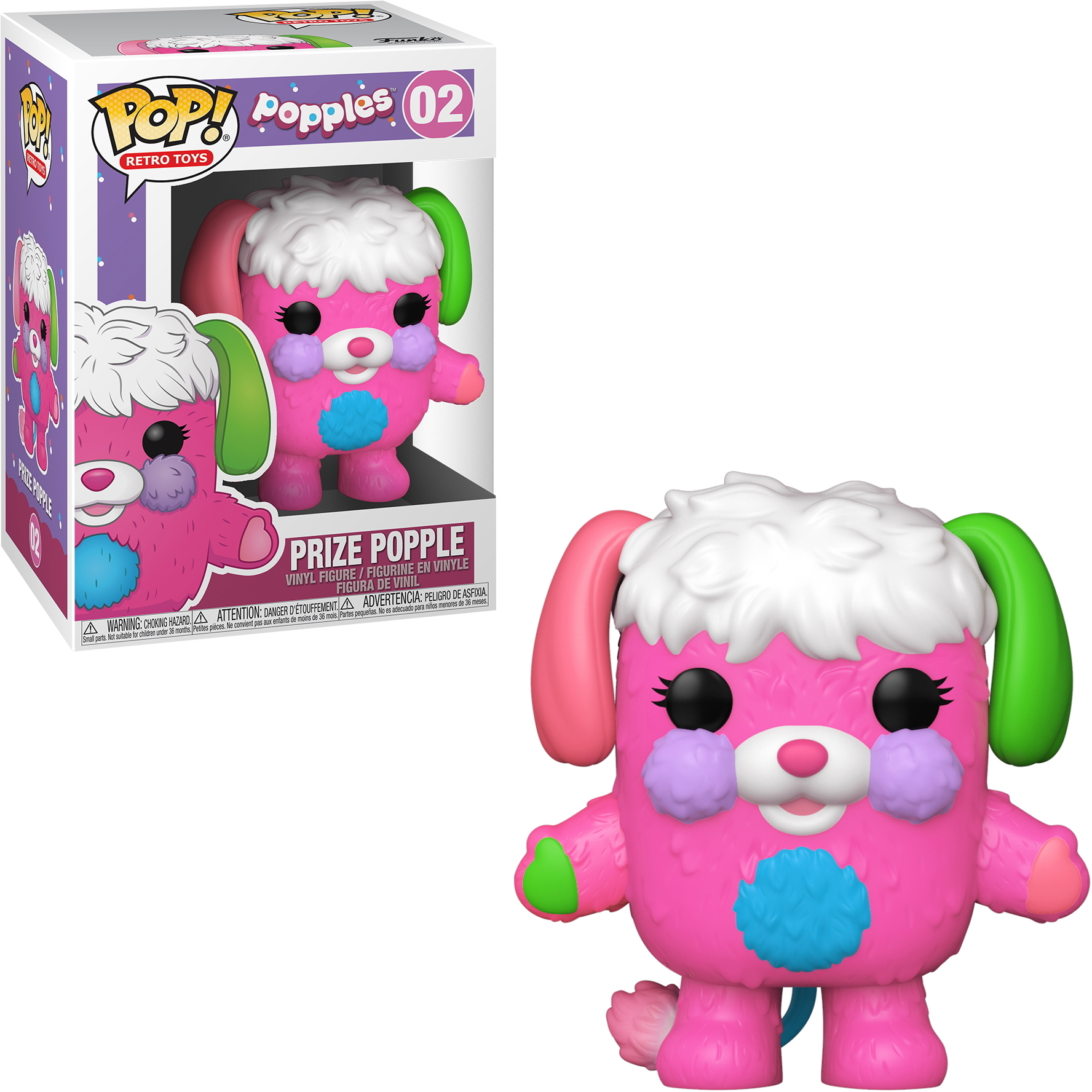 Prize Popple Funko Pop Figur. Rosa Körper mit grünen und blauen Akzenten. Box im Hintergrund.