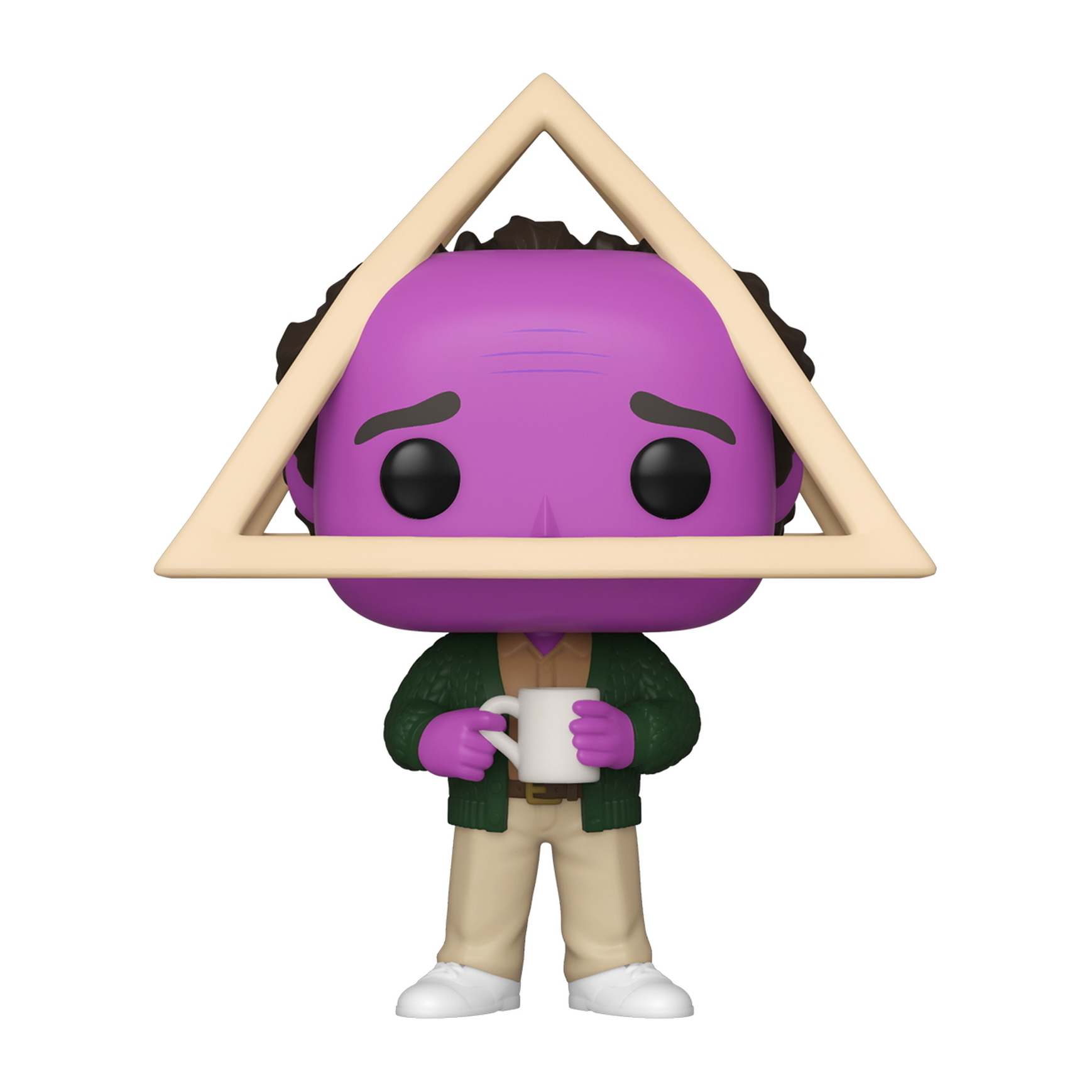 Mann Funko Pop Figur, lila Haut, hält einen Becher, trägt ein Dreieck auf dem Kopf.