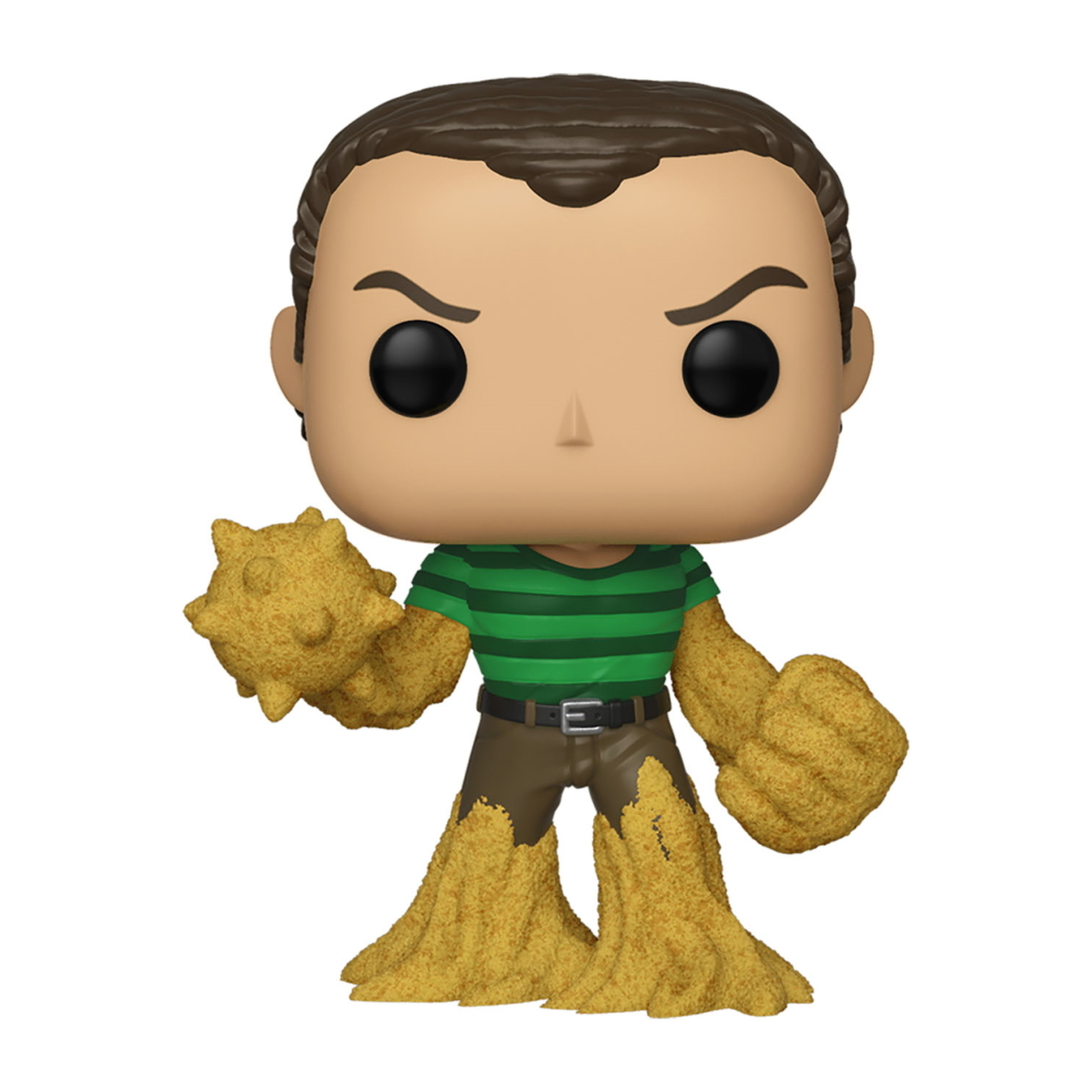 Sandman Funko Pop Figur, grünes Hemd, Sandhände und -füße, braune Hose, wütender Ausdruck.