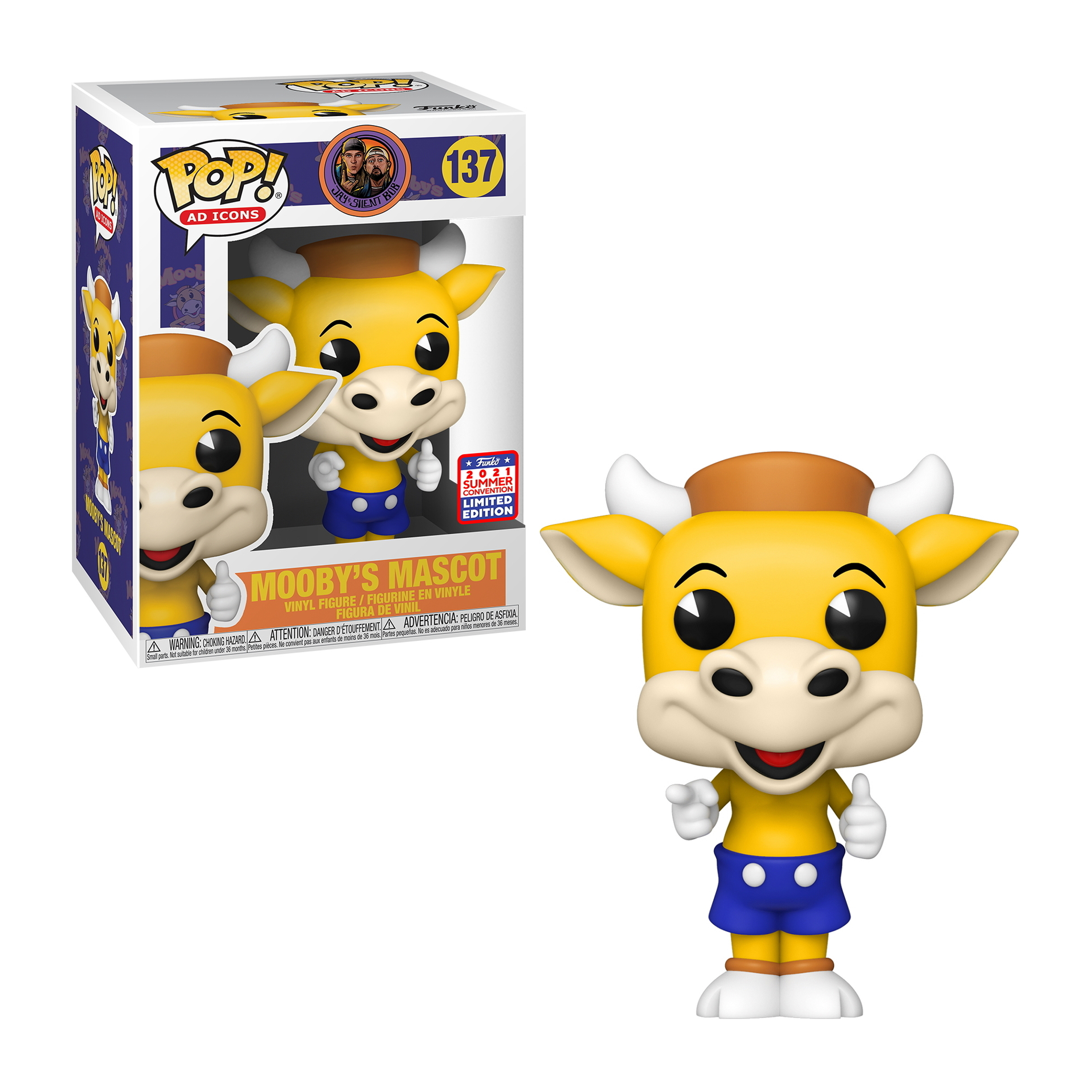 Eine Mooby's Mascot Funko Pop Figur mit gelbem Körper, blauen Shorts und einer Box im Hintergrund.