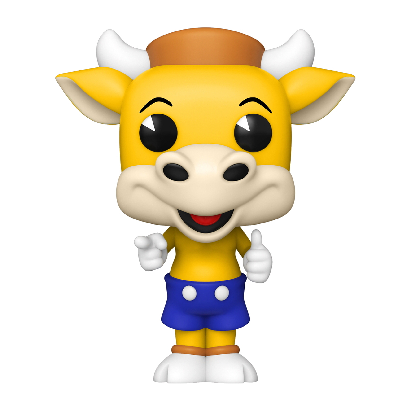 Gelbe Kuh-Cartoonfigur mit braunem Hut, Daumen hoch.